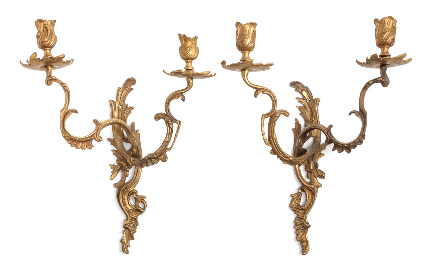 A Pair of Louis XV Style Gilt Metal Two-Light Sconces Height 15 inches. — 20TH CENTURY
