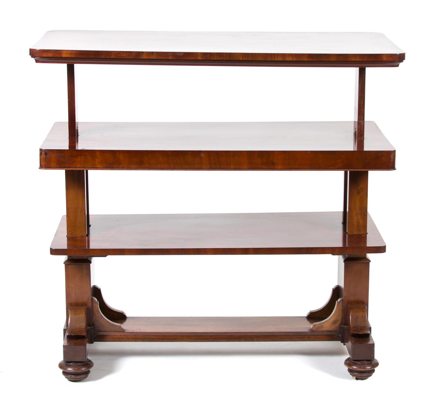 A Regency Style Mahogany Three Tier What Not Height (collapsed) 32 x width 45 x depth 21 3/4 inches. — 20TH CENTURY