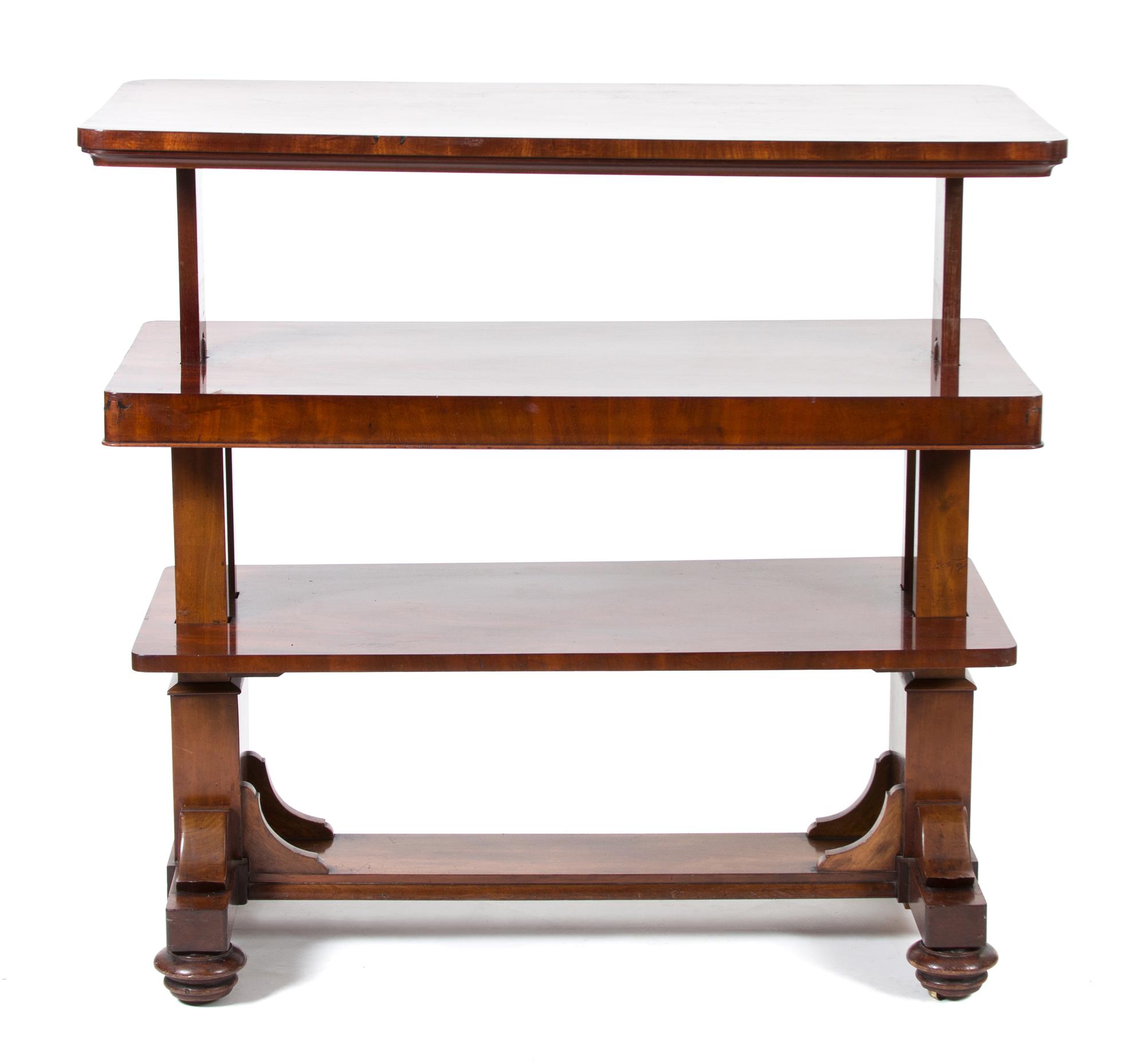 A Regency Style Mahogany Three Tier What Not Height (collapsed) 32 x width 45 x depth 21 3/4 inches. — 20TH CENTURY