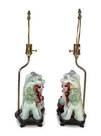 A Pair of Chinese Export Porcelain Buddhistic Lions Mounted as Lamps