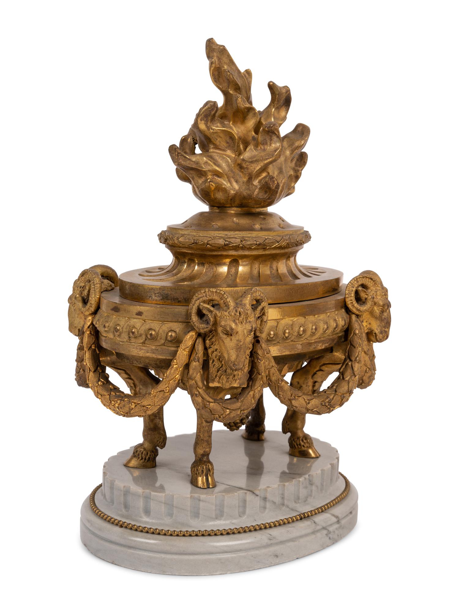 A Pair of French Neoclassical Gilt Bronze and Marble 'Flaming Urn' Ornaments