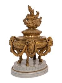 A Pair of French Neoclassical Gilt Bronze and Marble 'Flaming Urn' Ornaments