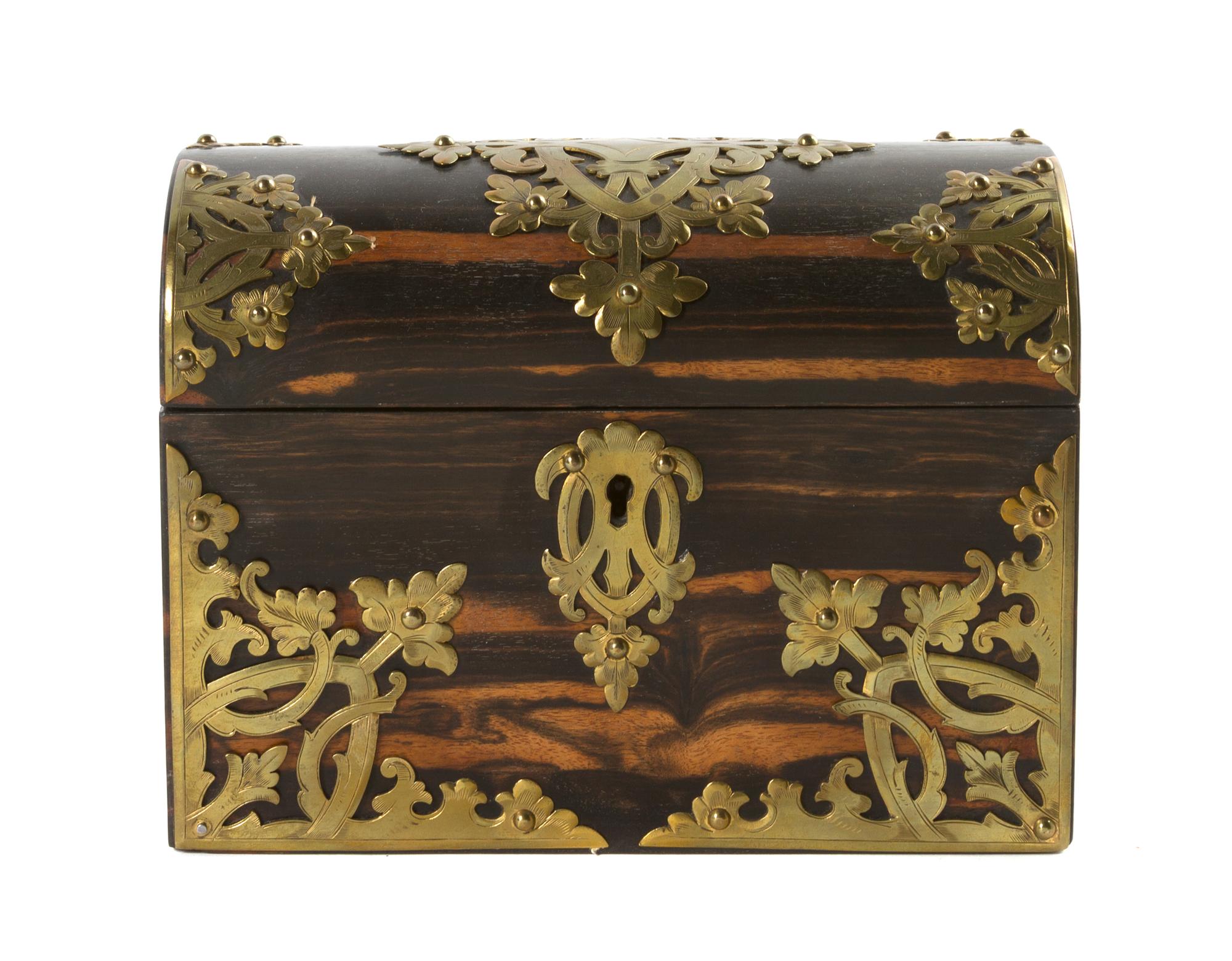 A Victorian Brass Banded Calamander Wood Tea Caddy, Width 8 inches.