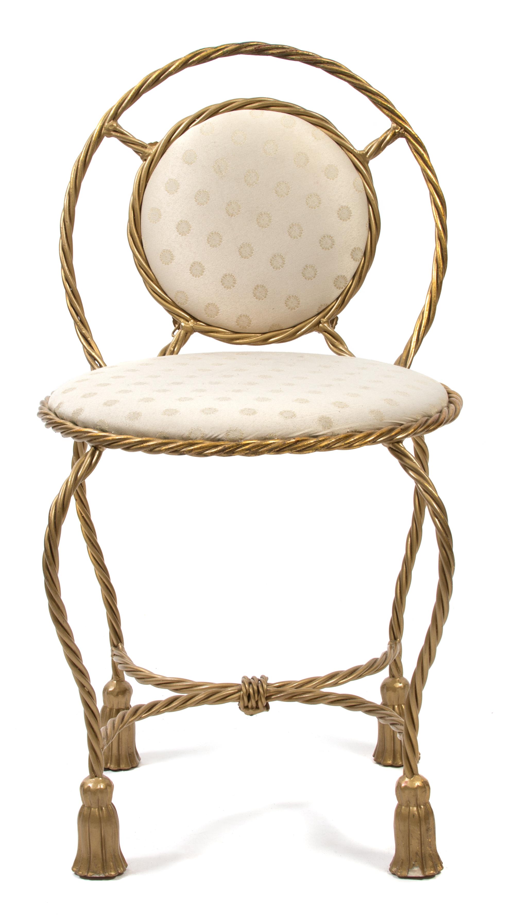 A Hollywood Regency Gilt Metal Rope and Tassel Vanity Chair Height 30 1/2 inches. — 20TH CENTURY