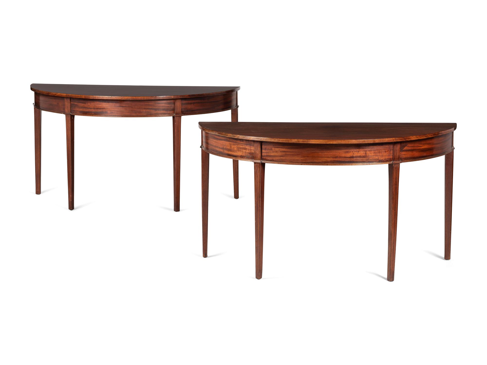 A Pair of Federal String-inlaid Mahogany Demilune Console Tables