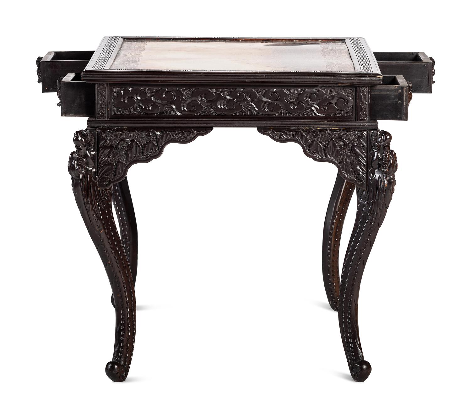 A Japanese Carved and Brass Inset Desk