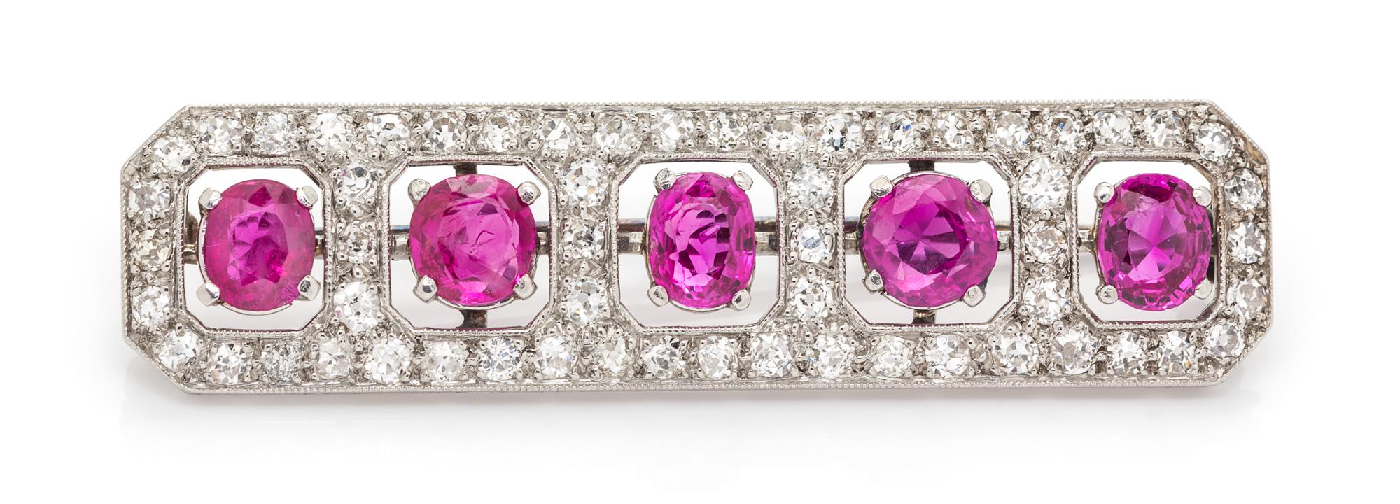 A Platinum, Ruby and Diamond Brooch, Circa 1915, 6.10 dwts.