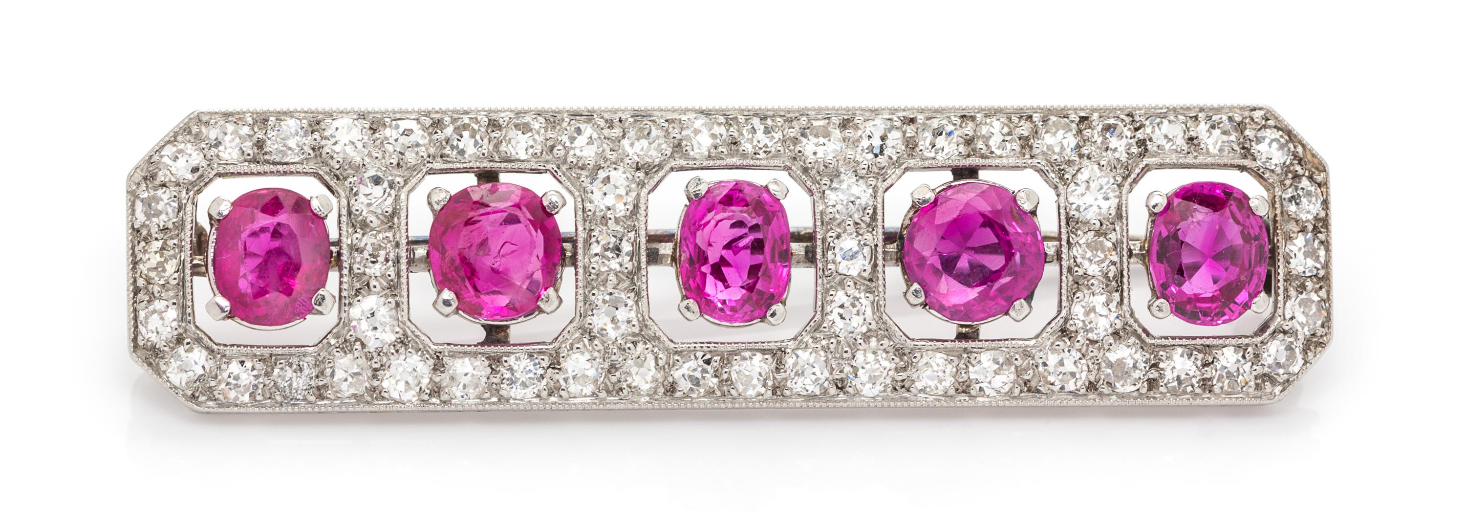 A Platinum, Ruby and Diamond Brooch, Circa 1915, 6.10 dwts.