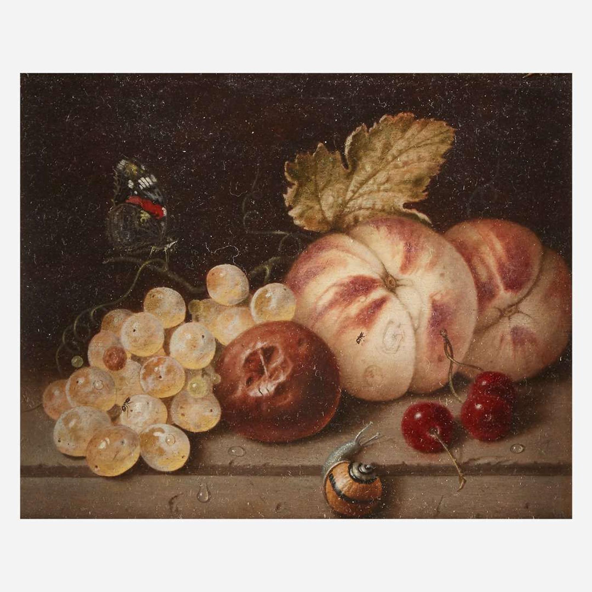 Follower of Adriaen Coorte (Dutch, 1665–1707) | A 19th Century Work Still Life with Grapes, Peaches, Cherries, Snail, and Butterfly