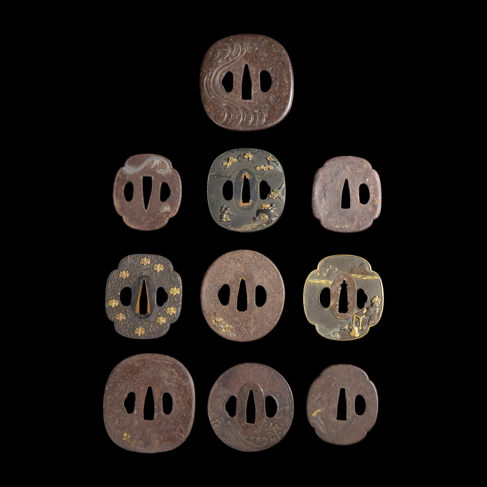 Ten Japanese Mixed-Metal Tsuba, Edo Period, 18th/19th century — 日本江戶時代 刀镡一組十件