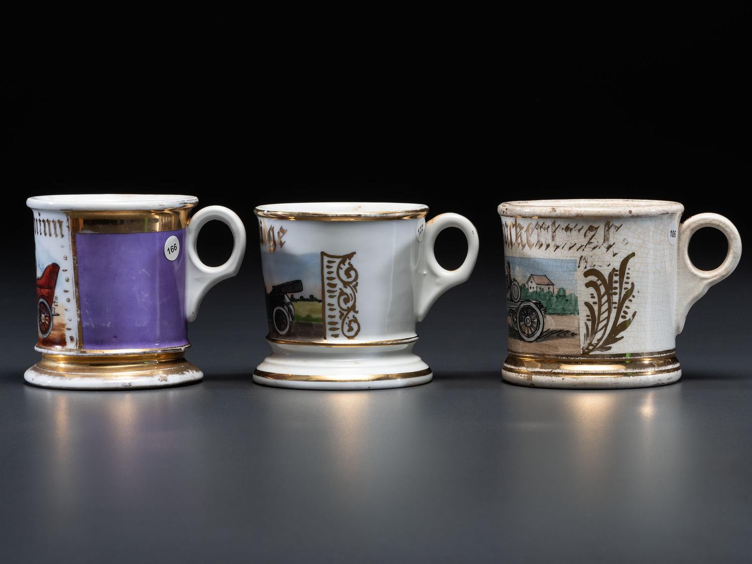 Three Porcelain Shaving Mugs Depicting Automobiles