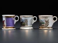 Three Porcelain Shaving Mugs Depicting Automobiles