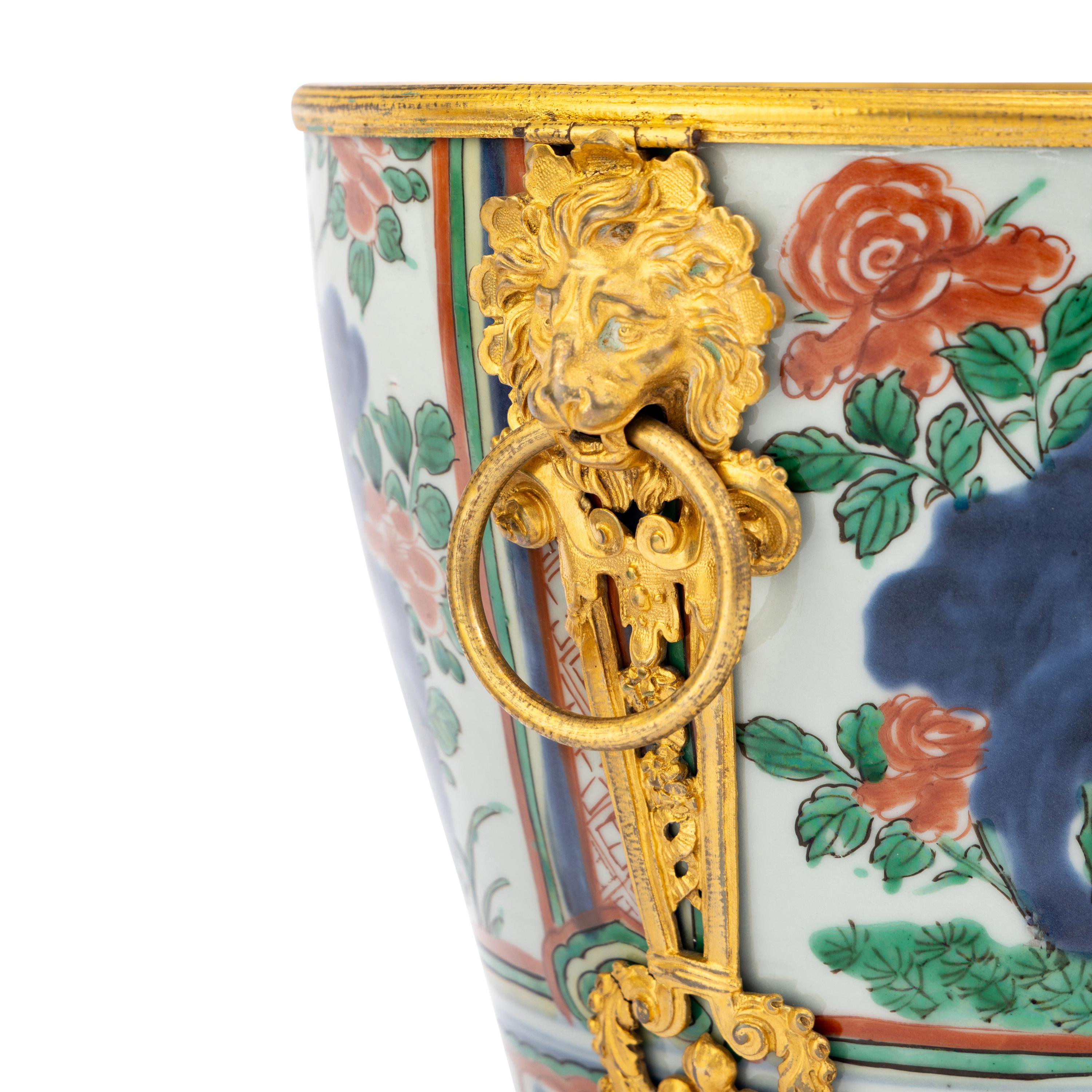 A Pair of Chinese Wucai Porcelain and Ormolu Mounted Jardinières