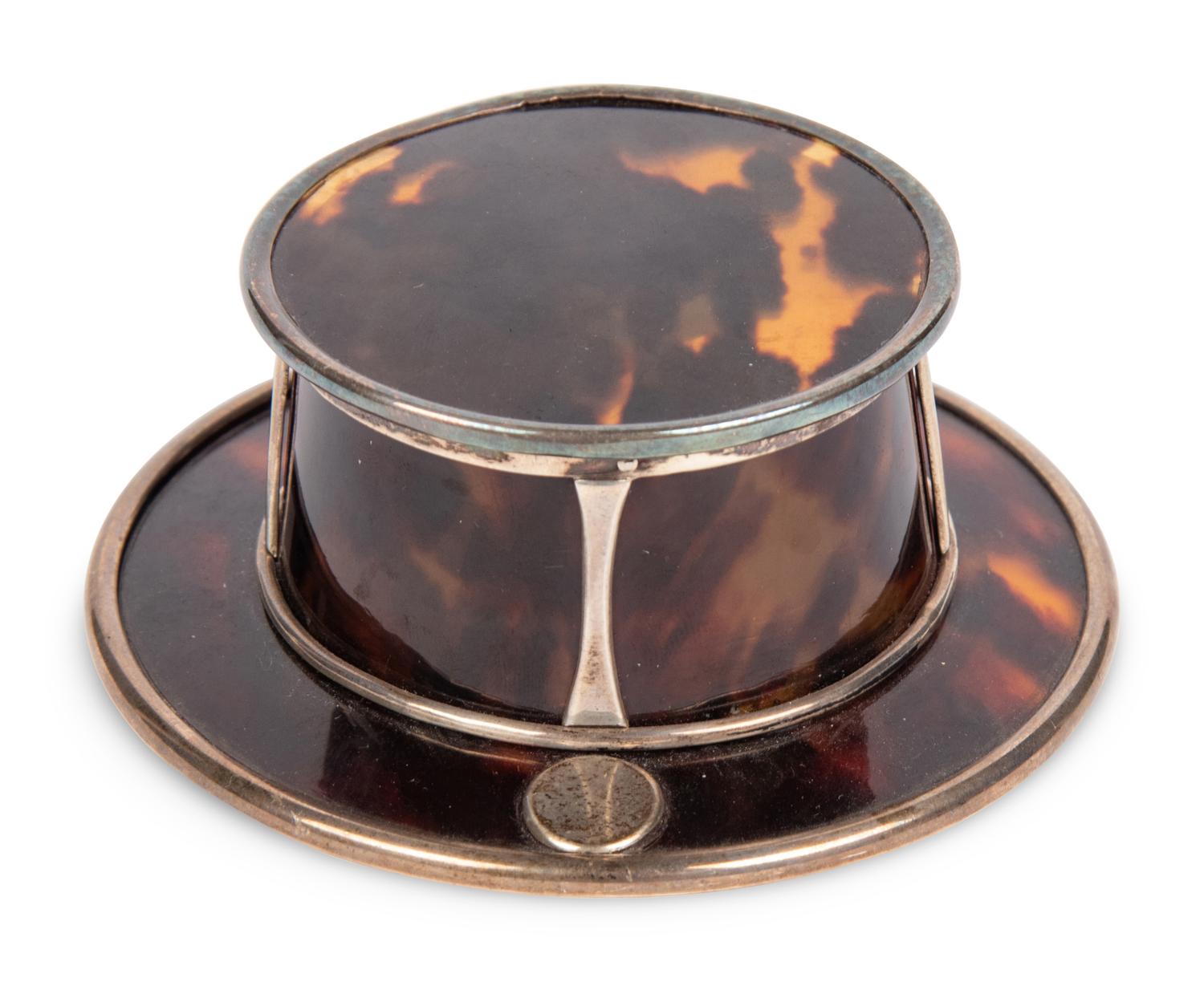 An English Arts and Crafts Silver and Tortoiseshell Inkwell