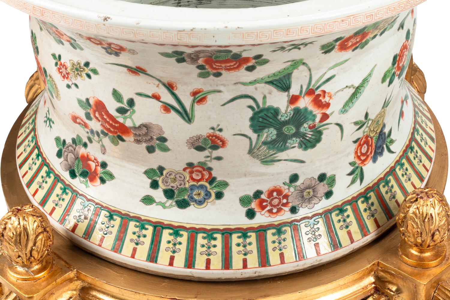 A Pair of Large Chinese Porcelain Jardinières on Giltwood Stands