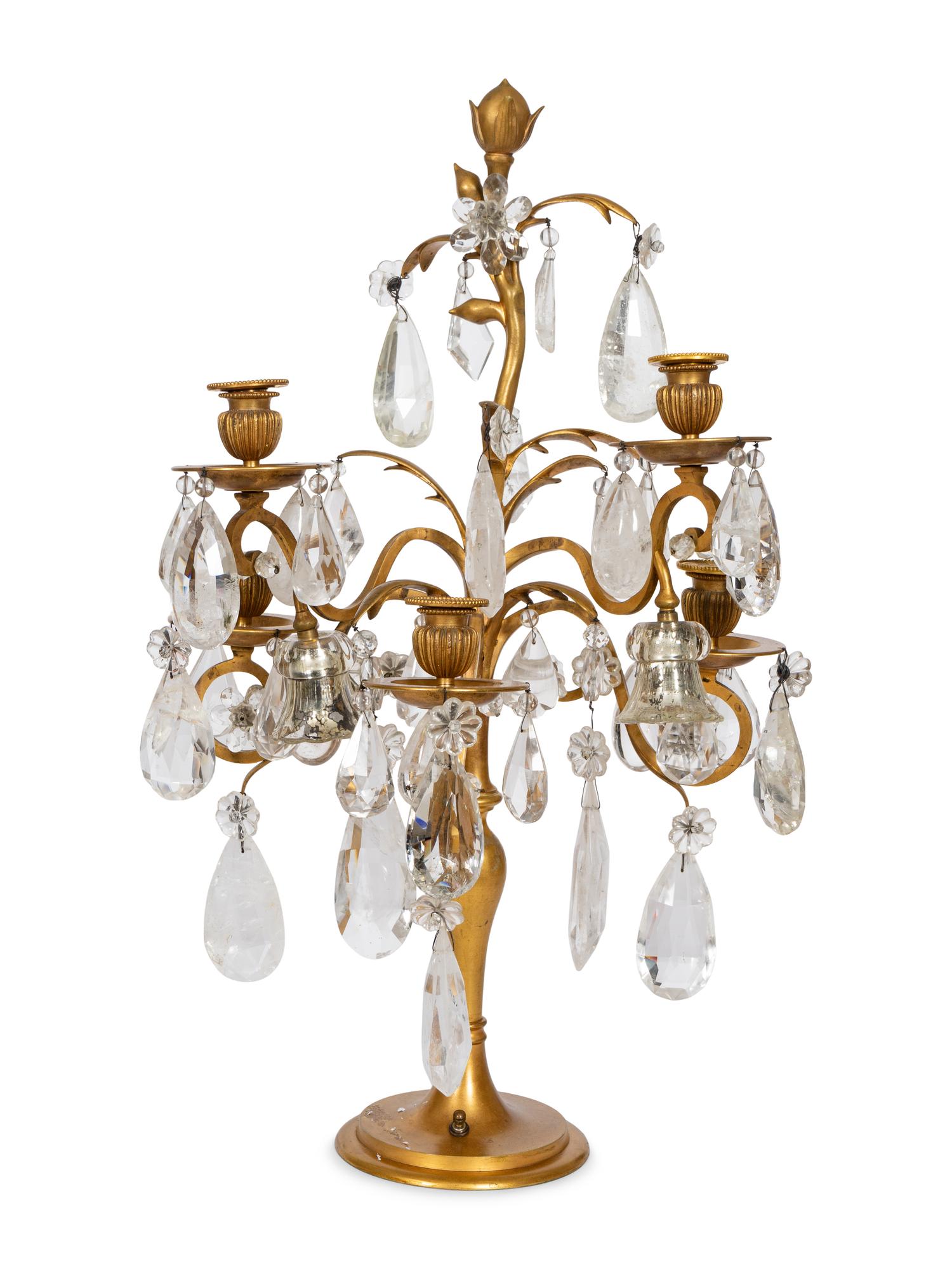 An Italian Gilt Metal and Rock Crystal Three-Light Candelabra