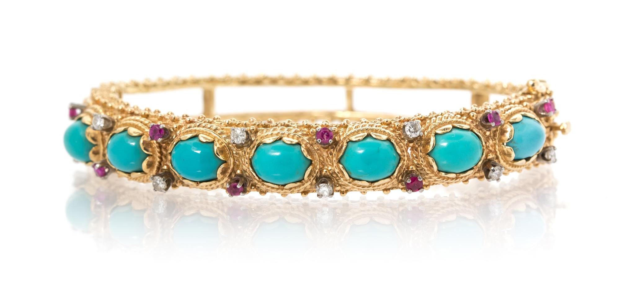 A 14 Karat Yellow Gold, Turquoise, Diamond and Ruby Bangle Bracelet, 22.60 dwts.