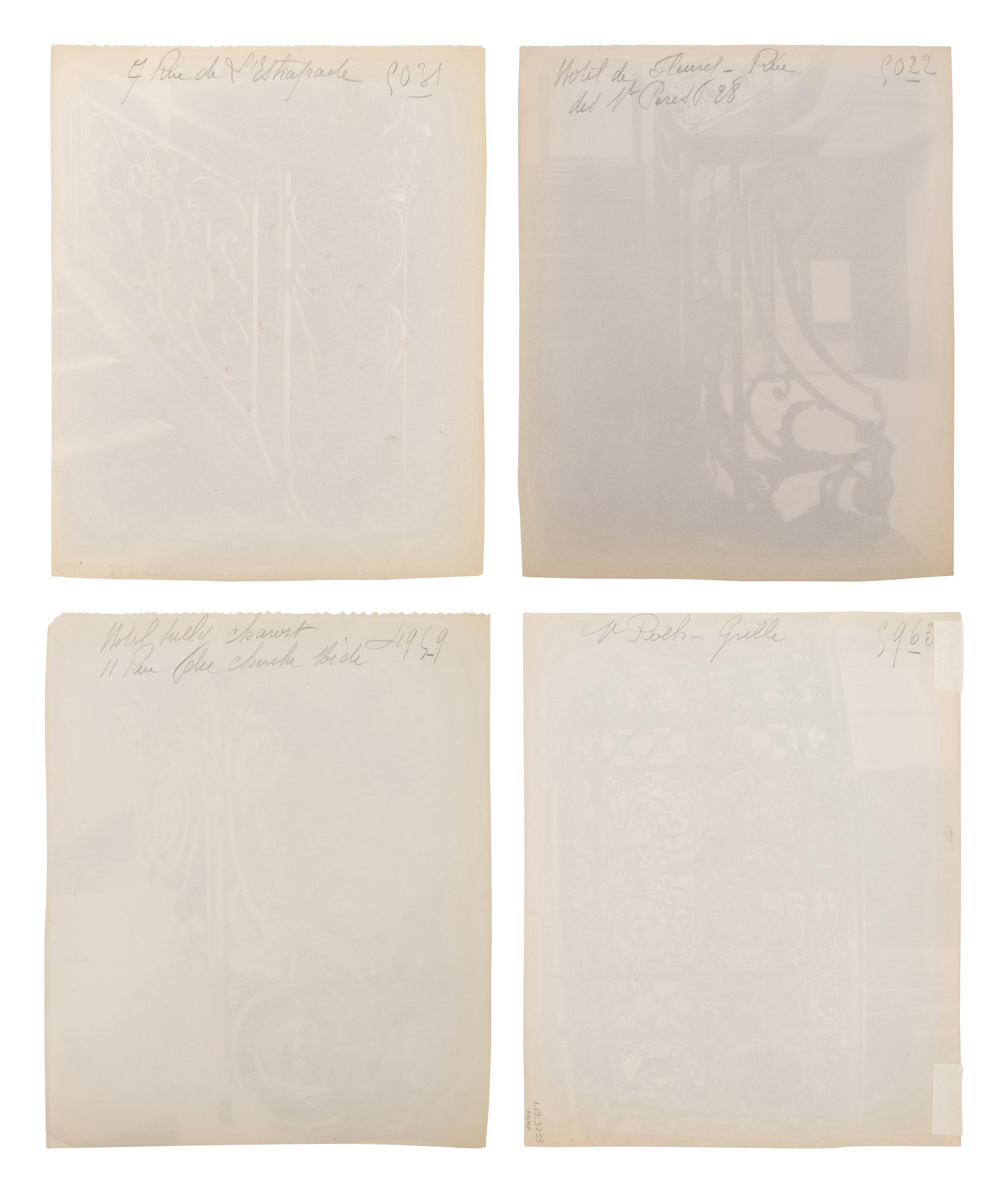 A group of four photographs ( Hôtel de Sully Charost, rue du Cherche-Midi 11 , 1904-1905; Hôtel de Fleury, rue des Saints-Pères 28 , 1905; 7 rue de l'Estrapade , 1905; Grille du chœr, èglise Saint Roch , 1912)