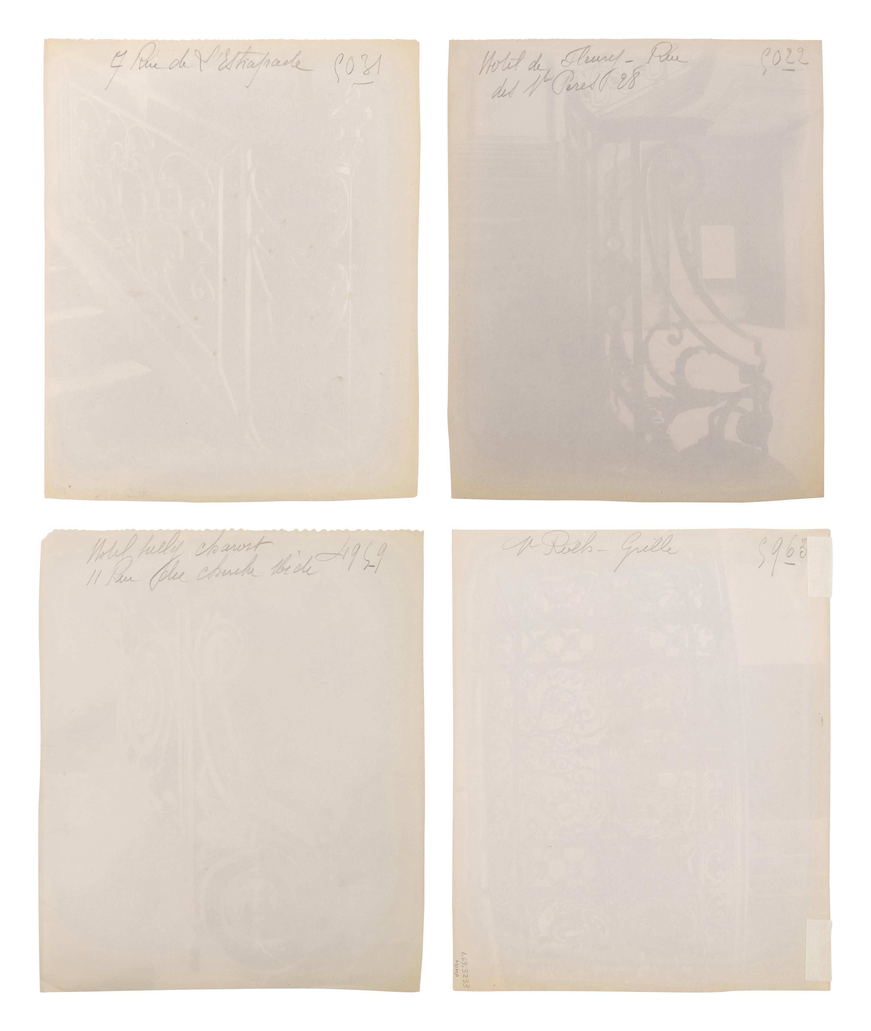 A group of four photographs ( Hôtel de Sully Charost, rue du Cherche-Midi 11 , 1904-1905; Hôtel de Fleury, rue des Saints-Pères 28 , 1905; 7 rue de l'Estrapade , 1905; Grille du chœr, èglise Saint Roch , 1912)