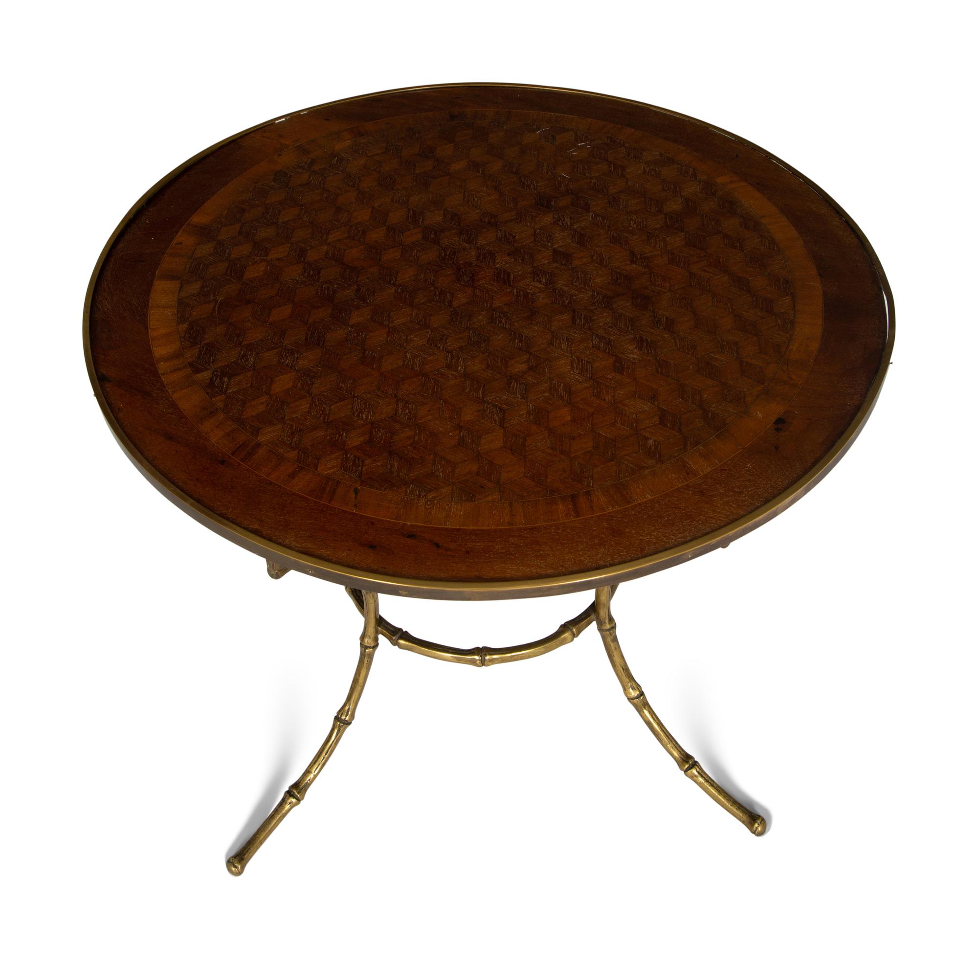 A Brass Bound Parquetry Inlaid Occasional Table with Cast Brass Bamboo Styled Base