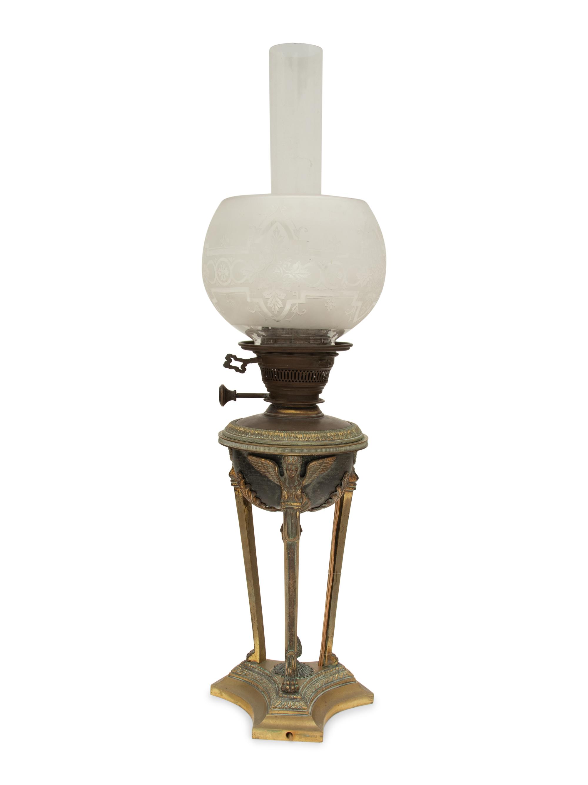 A French Gilt Bronze and Tôle Cassolette Mounted as a Lamp with a Frosted Glass Shade