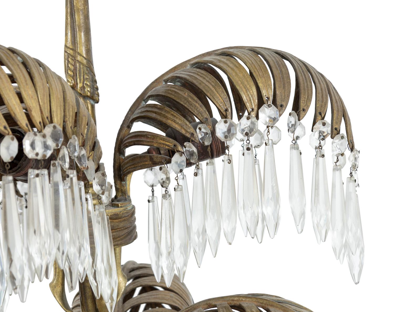 A Neoclassical Brass and Cut-Glass Six-Light Palm-Leaf Ceiling Fixture