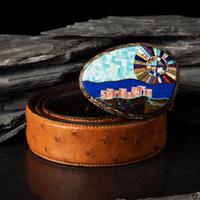 Alvin Yellowhorse (Diné, b. 1968) — Silver and Mosaic Inlay Pueblo Scene Belt Buckle