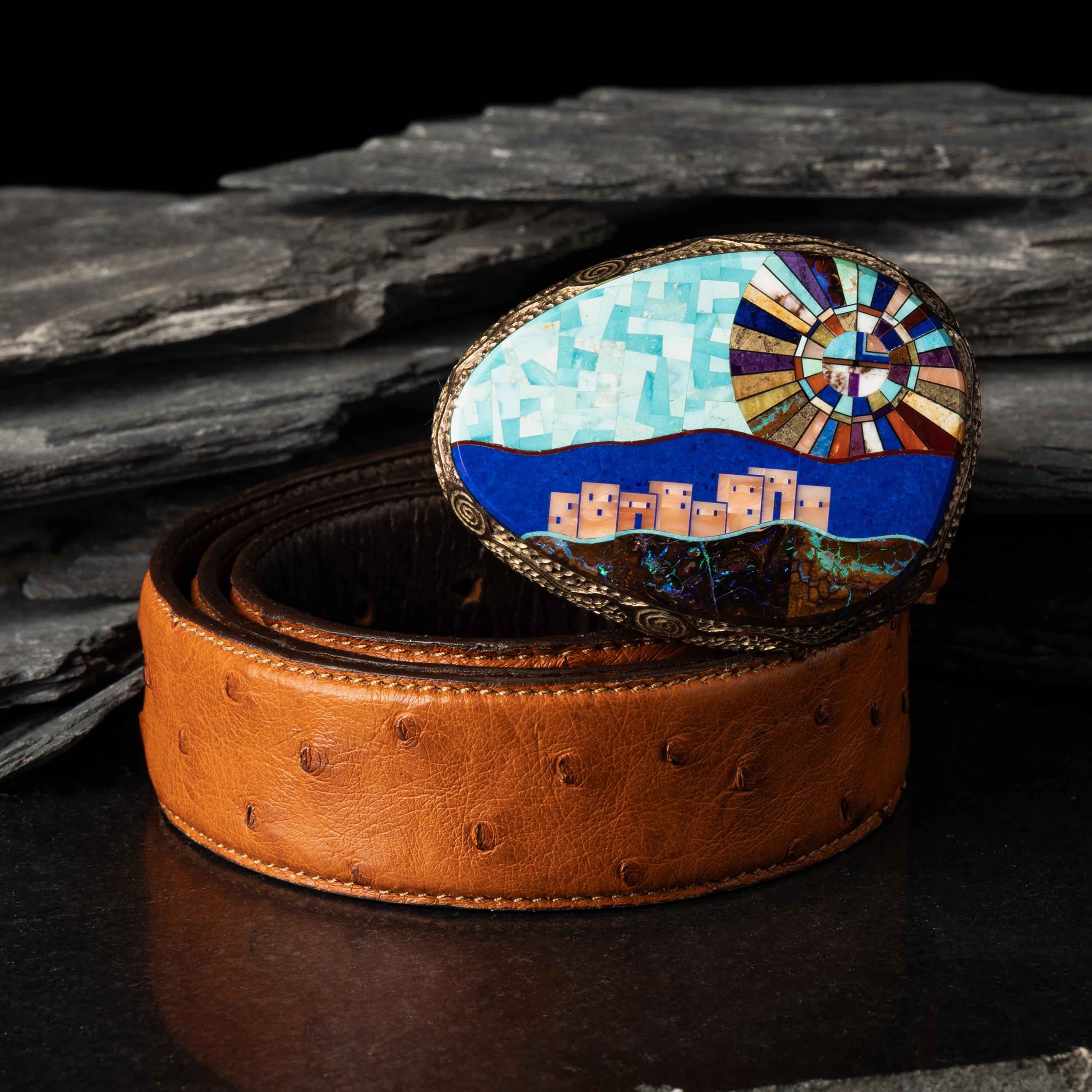 Alvin Yellowhorse (Diné, b. 1968) — Silver and Mosaic Inlay Pueblo Scene Belt Buckle
