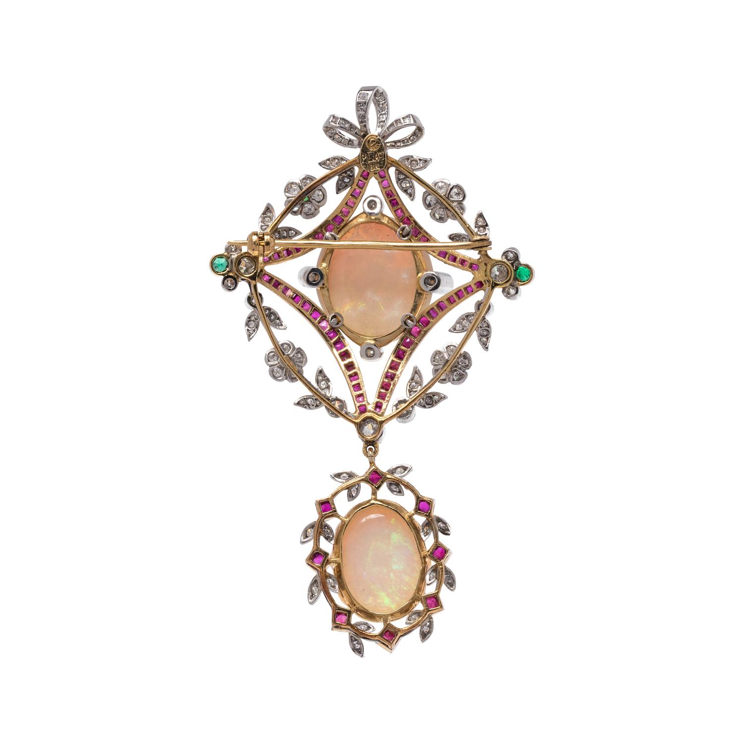 EVELYN CLOTHIER, OPAL, DIAMOND, RUBY AND EMERALD BROOCH