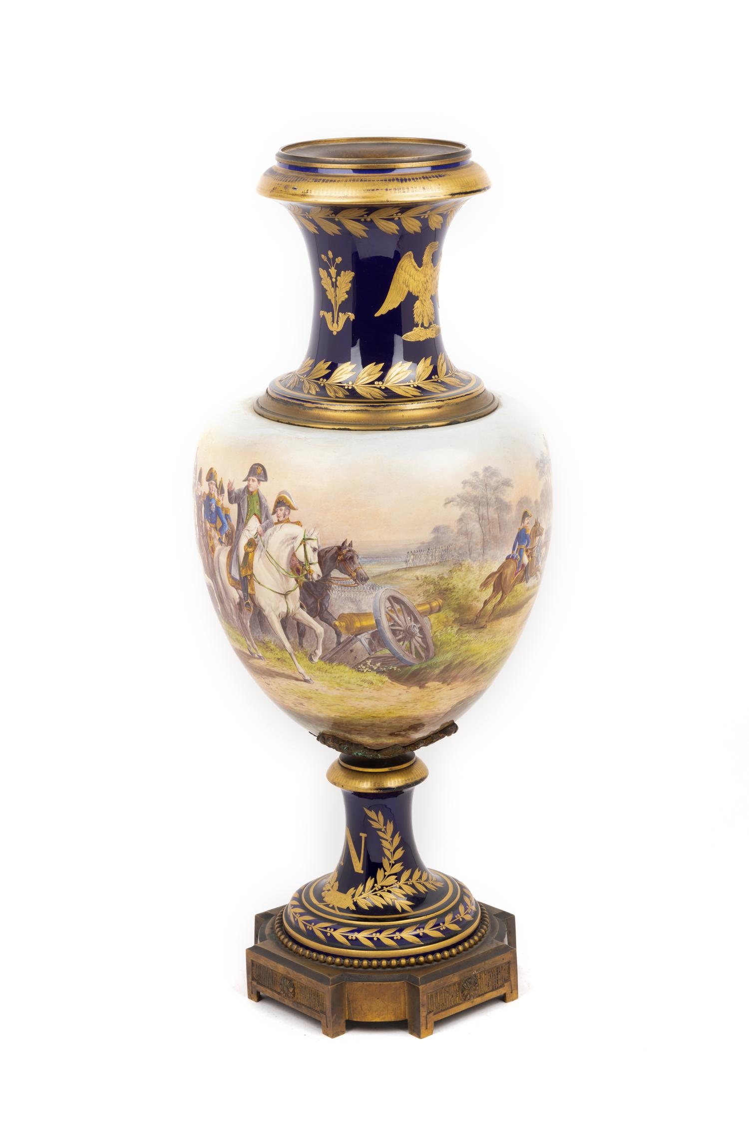 A Large Sèvres Style Porcelain Napoleonic Vase and Pedestal