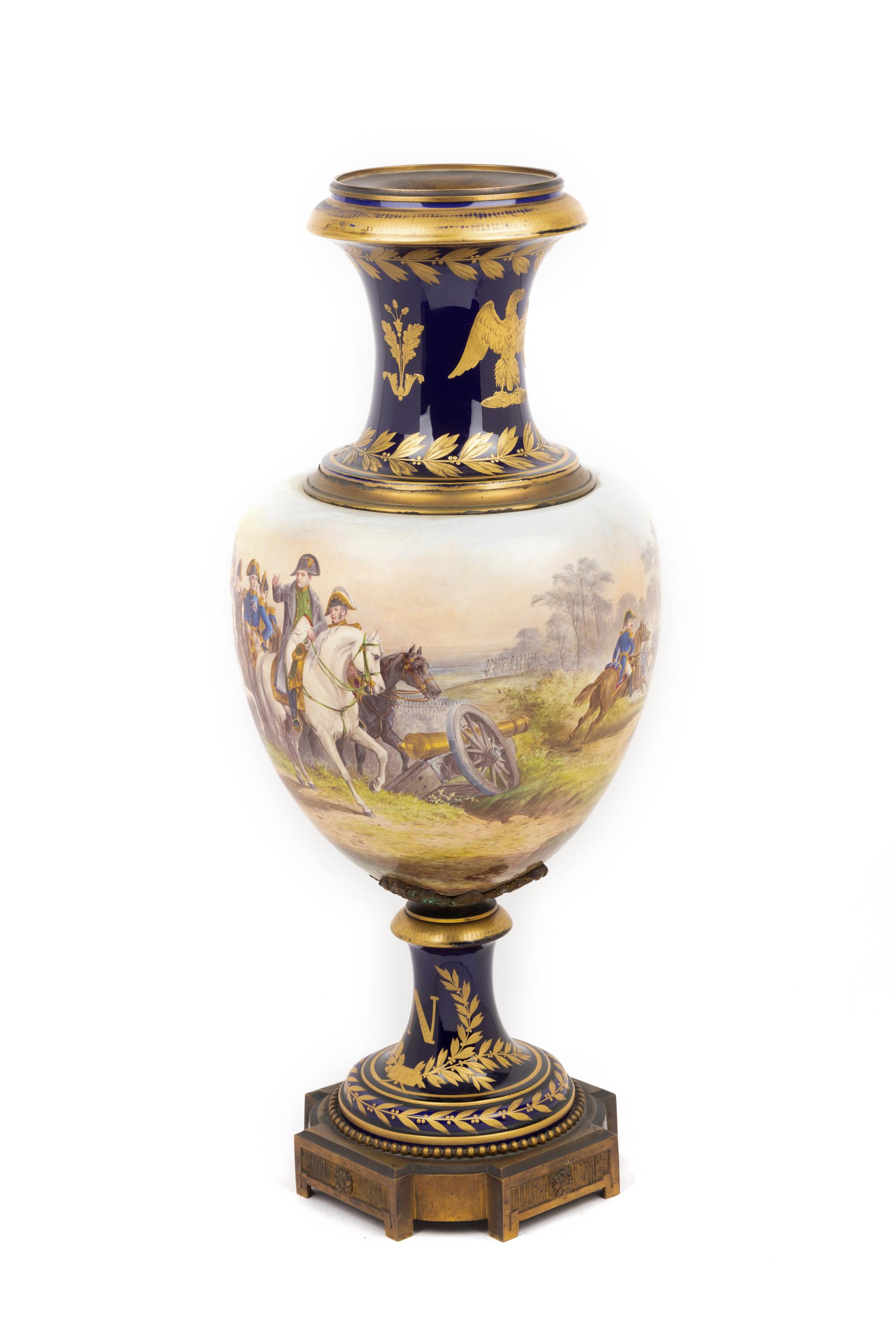 A Large Sèvres Style Porcelain Napoleonic Vase and Pedestal
