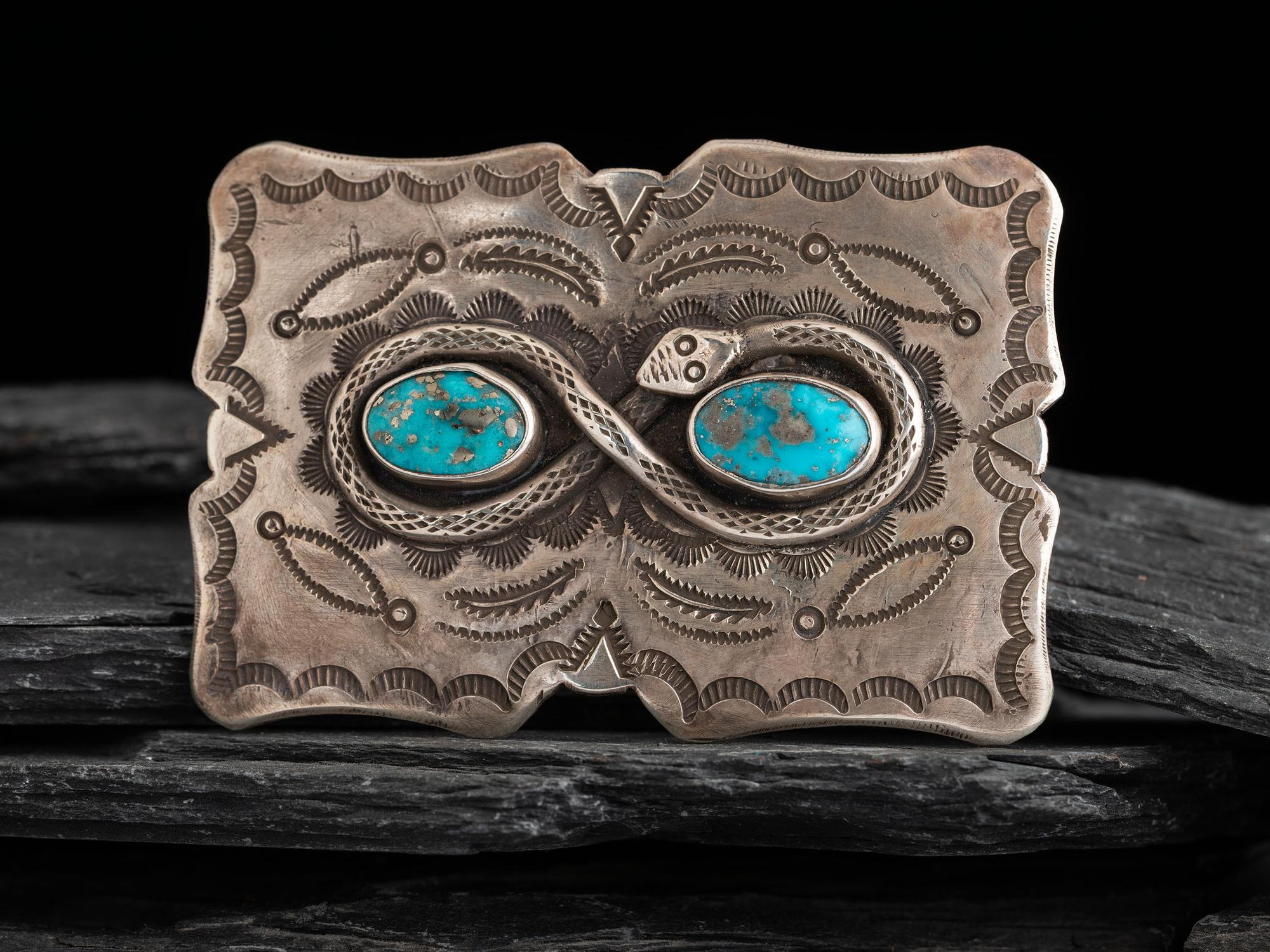 Navajo Silver and Turquoise Snake Belt Buckle