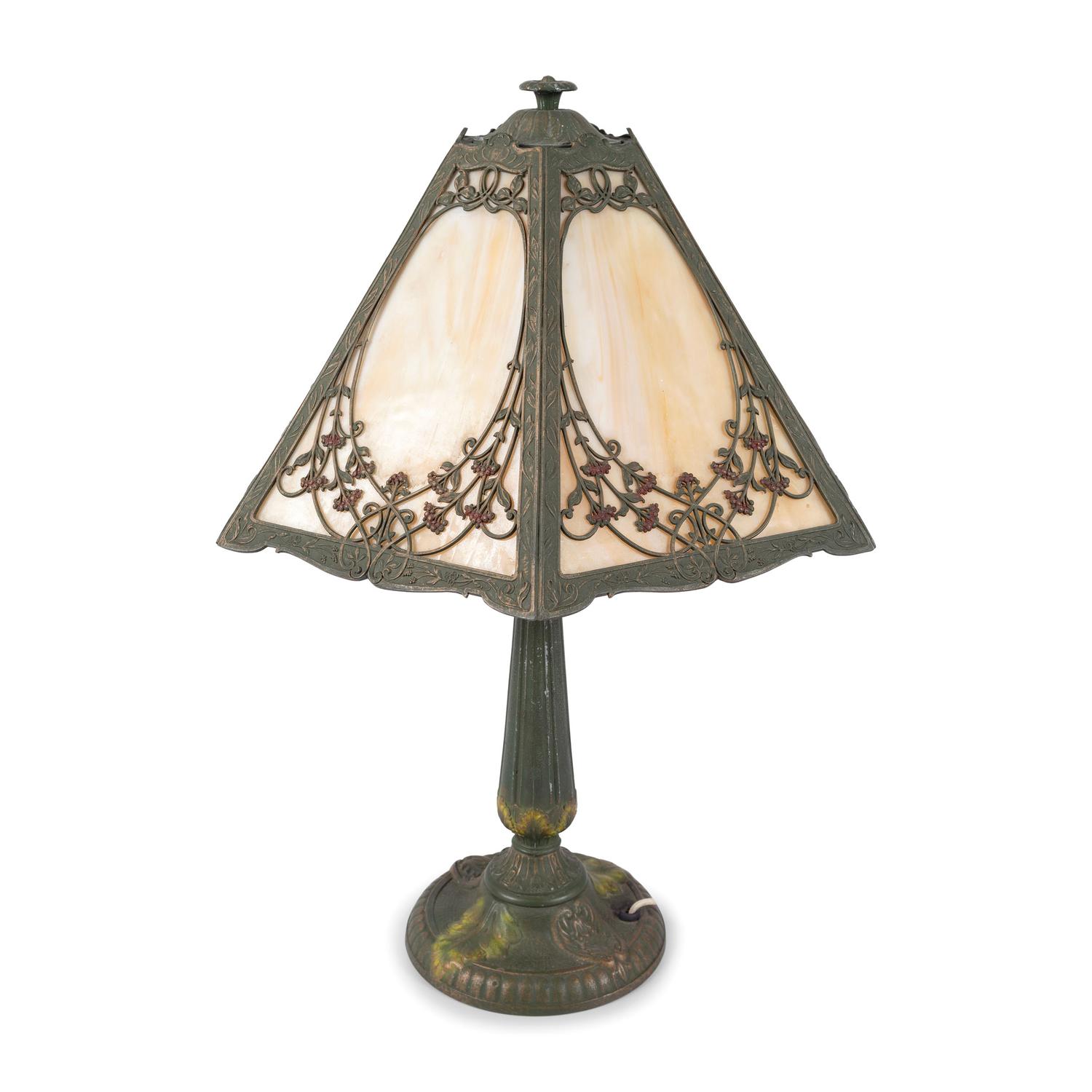 A Rainaud Cast and Painted Metal and Slag Glass Table Lamp