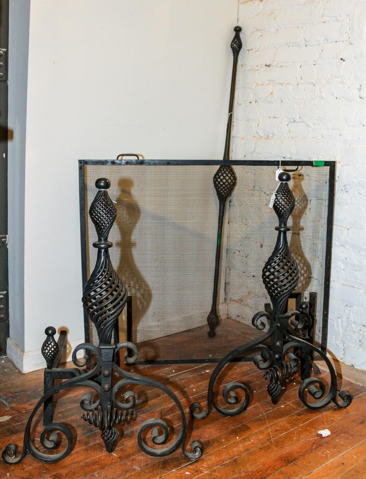 A Pair of Wrought Iron Fireplace Andirons Height of screen 30 3/4 inches. — 20TH CENTURY