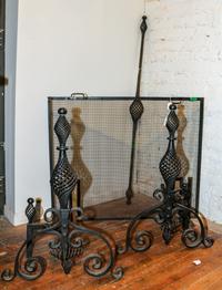 A Pair of Wrought Iron Fireplace Andirons Height of screen 30 3/4 inches. — 20TH CENTURY