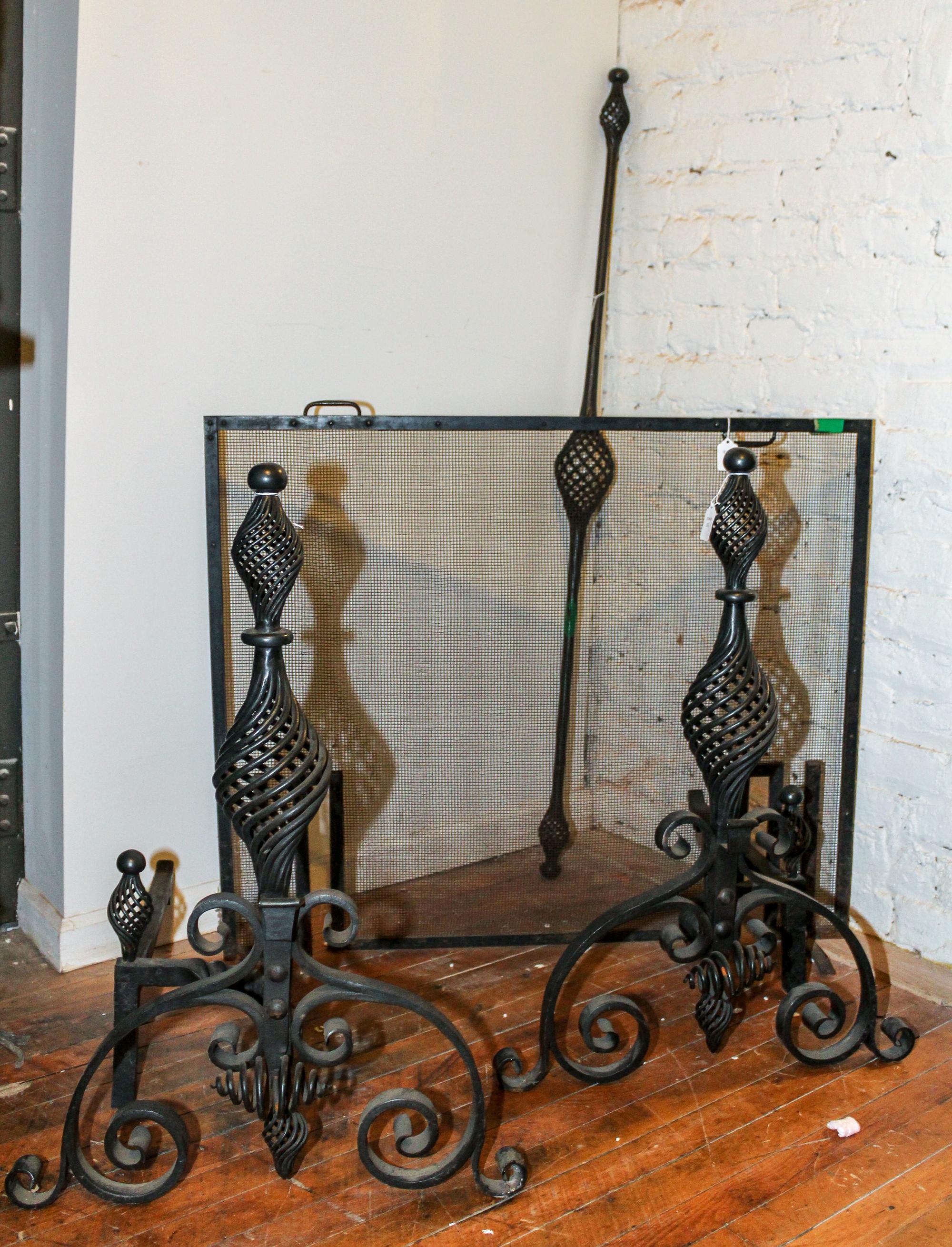 A Pair of Wrought Iron Fireplace Andirons Height of screen 30 3/4 inches. — 20TH CENTURY
