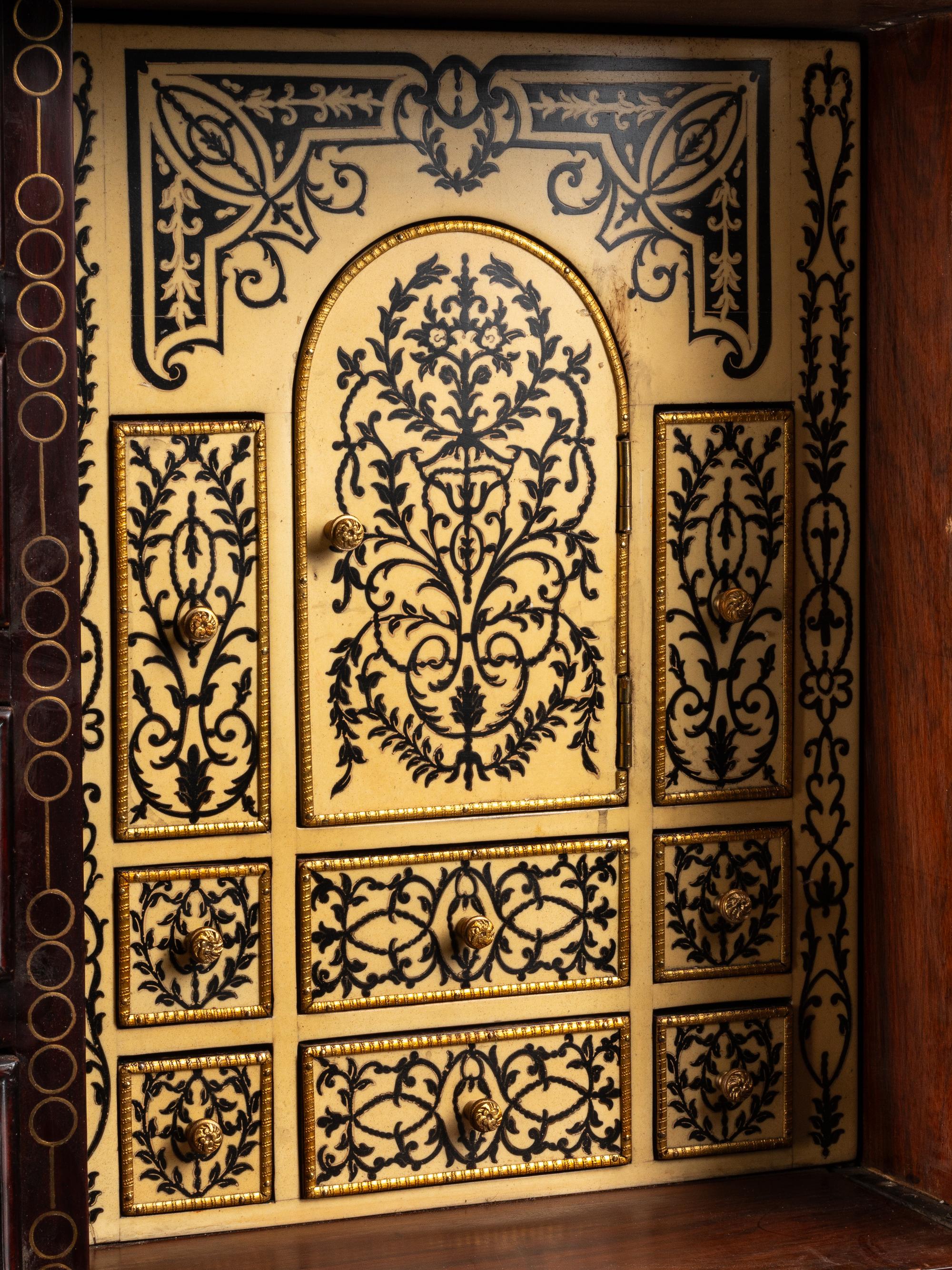 A Flemish Baroque Style Gilt Bronze Mounted Marquetry and Specimen Semi-Precious Stone Collector’s Cabinet on Stand