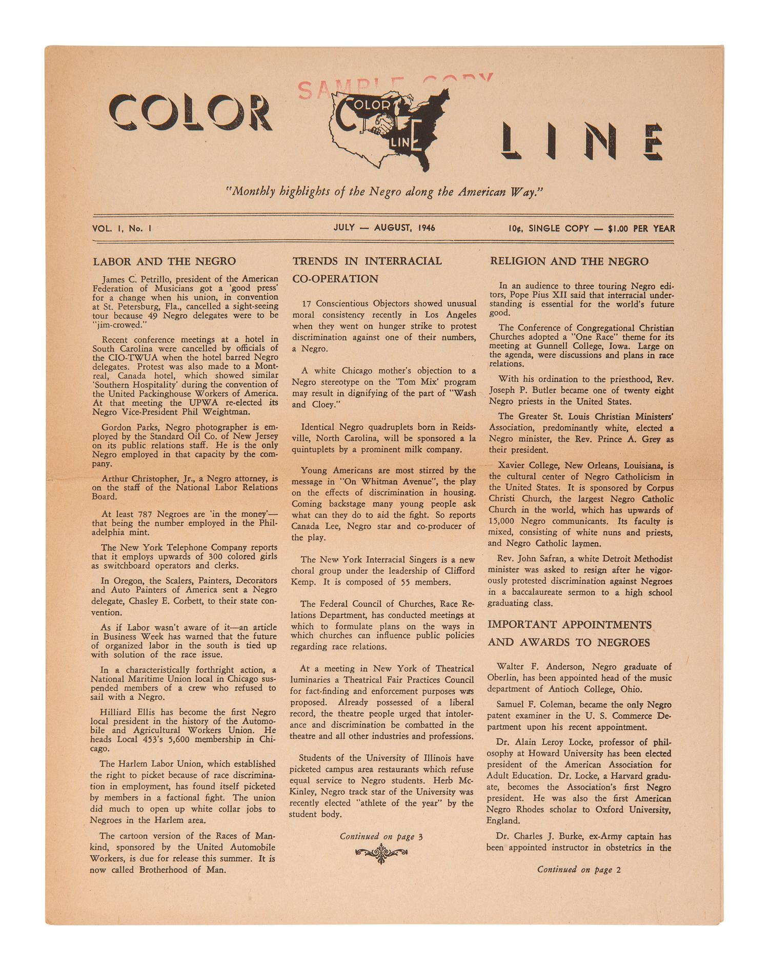 [PERIODICALS]. First 2 issues of Color Line , an African American monthly publication.