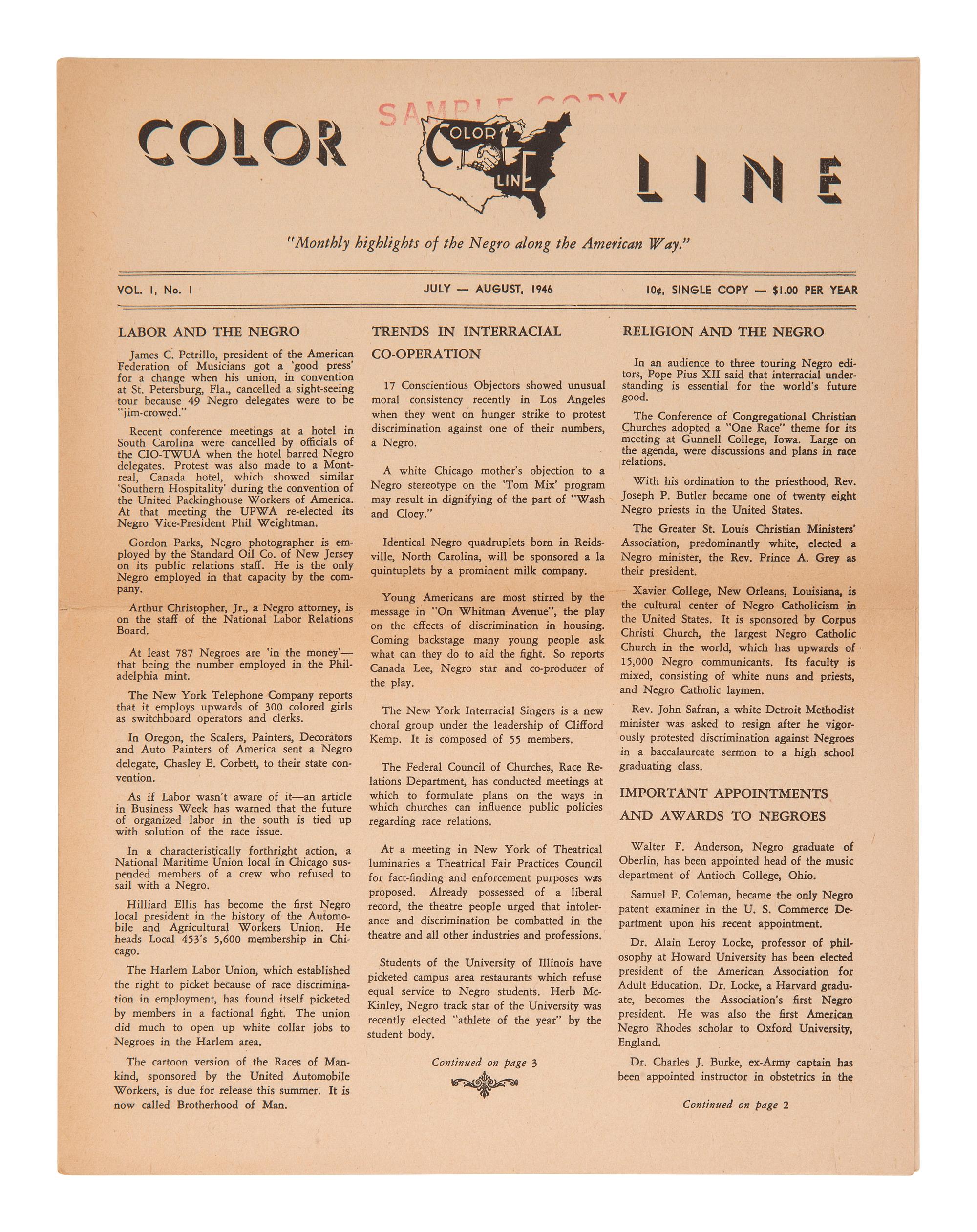 [PERIODICALS]. First 2 issues of Color Line , an African American monthly publication.
