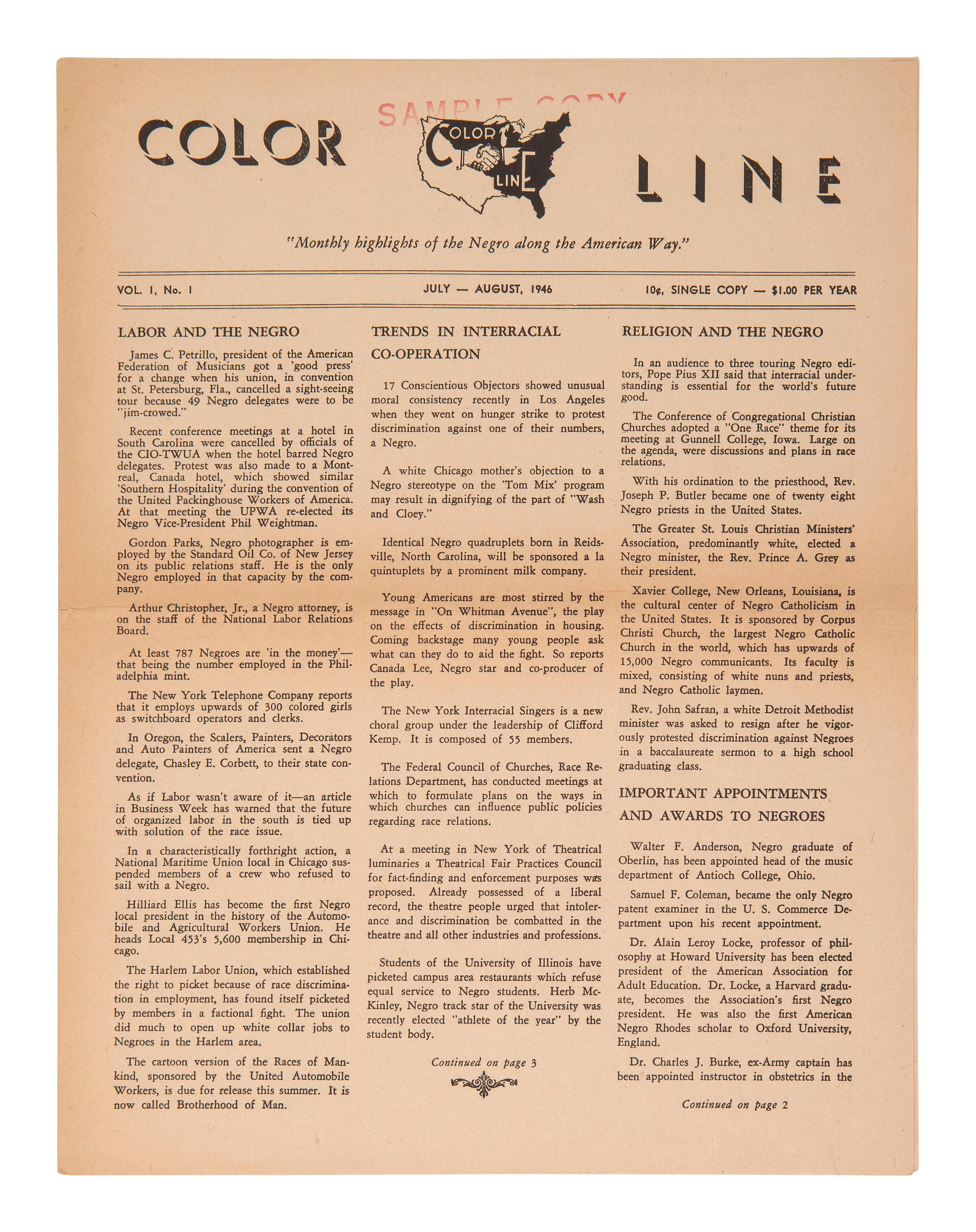 [PERIODICALS]. First 2 issues of Color Line , an African American monthly publication.