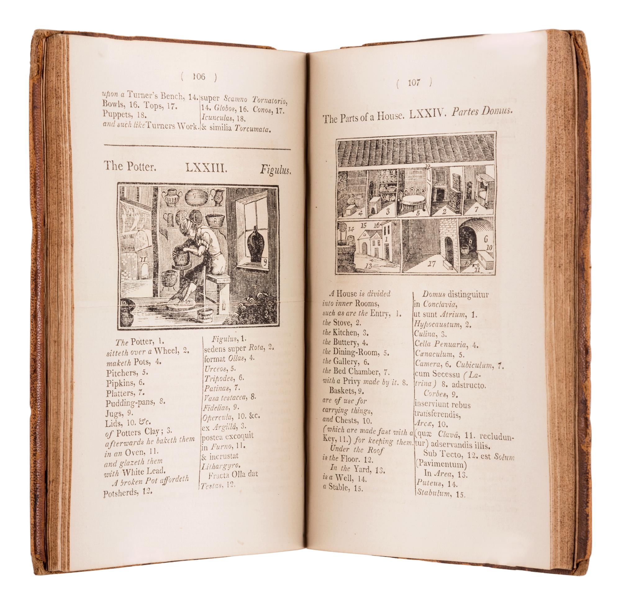 COMENIUS, John Amos (“Johann Amos KOMENSKY” or “Ján Amos”) (1592-1670). Orbis Sensualium Pictus: Hoc est Omnium Principalium in Mundo Rerum, et in Vita Actionum, Pictura & Nomenclatura. Charles Hoole, translator. Alexander Anderson, illustrator. New York: T. & J. Swords, 1810.