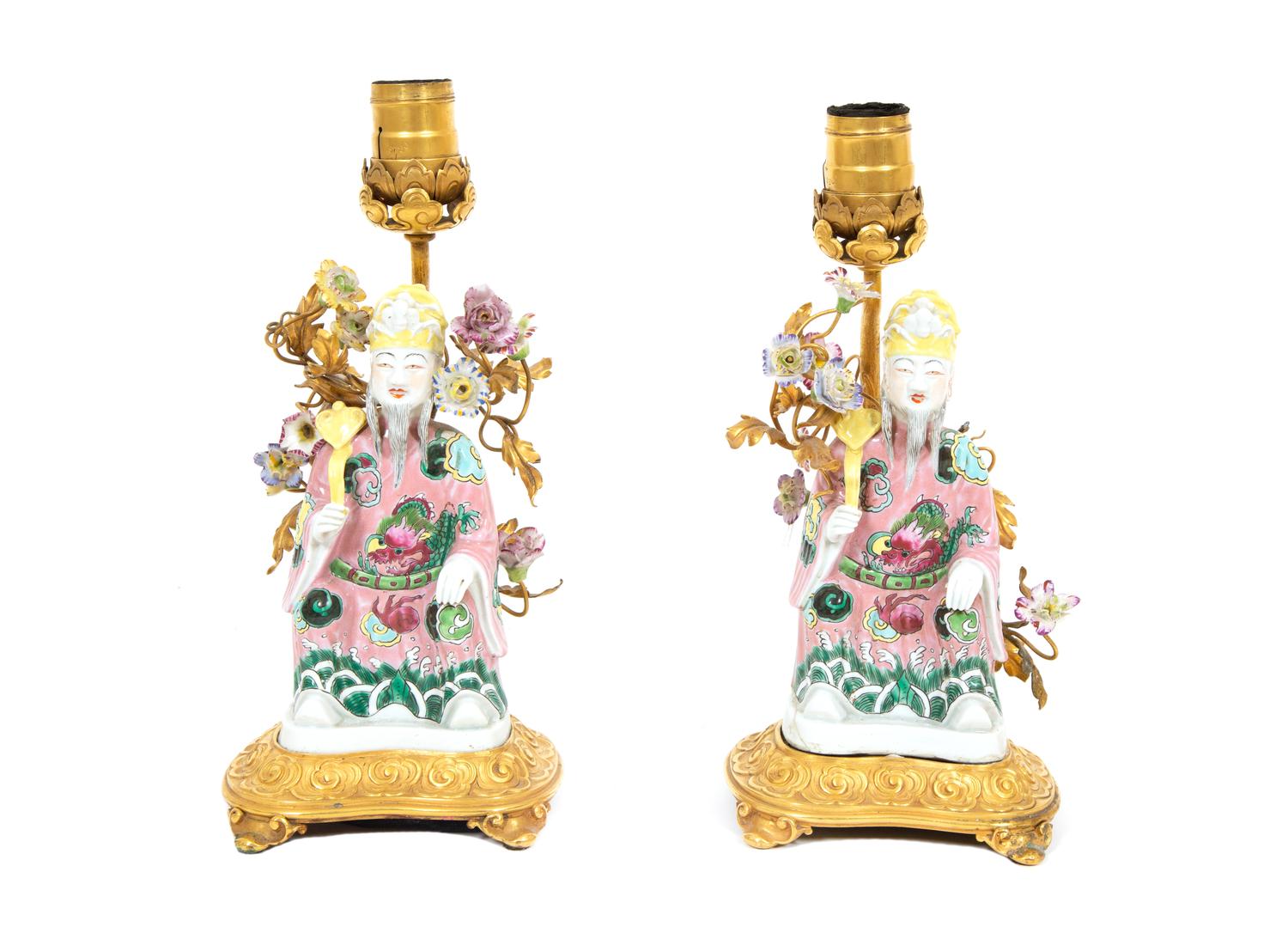 A Pair of Chinese Export Gilt Bronze Mounted Porcelain Figural Lamps