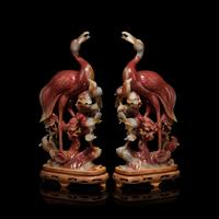 A Pair of Chinese Carved Carnelian Cranes, 20th Century 近代 紅瑪瑙雕瑞鶴一對