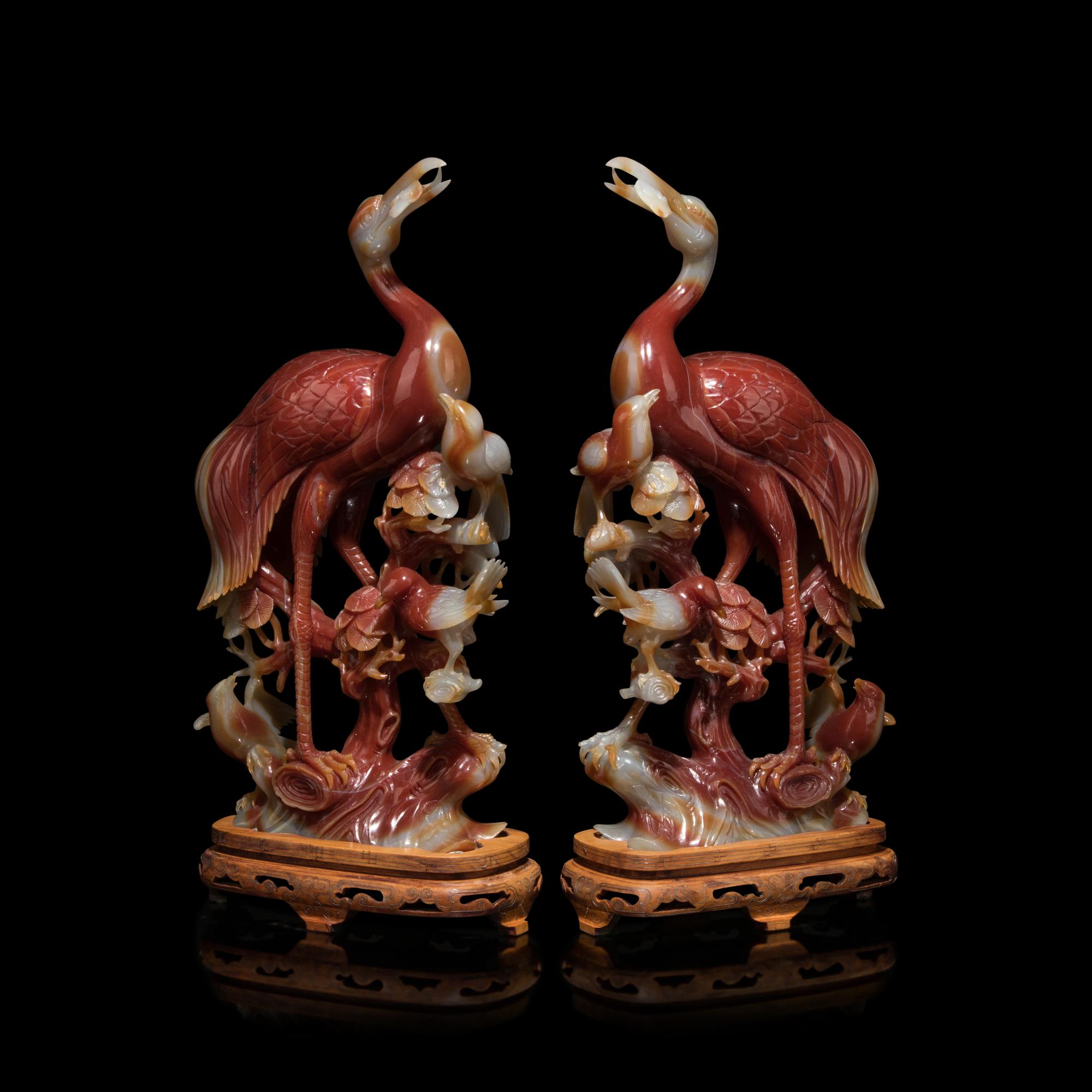 A Pair of Chinese Carved Carnelian Cranes, 20th Century 近代 紅瑪瑙雕瑞鶴一對