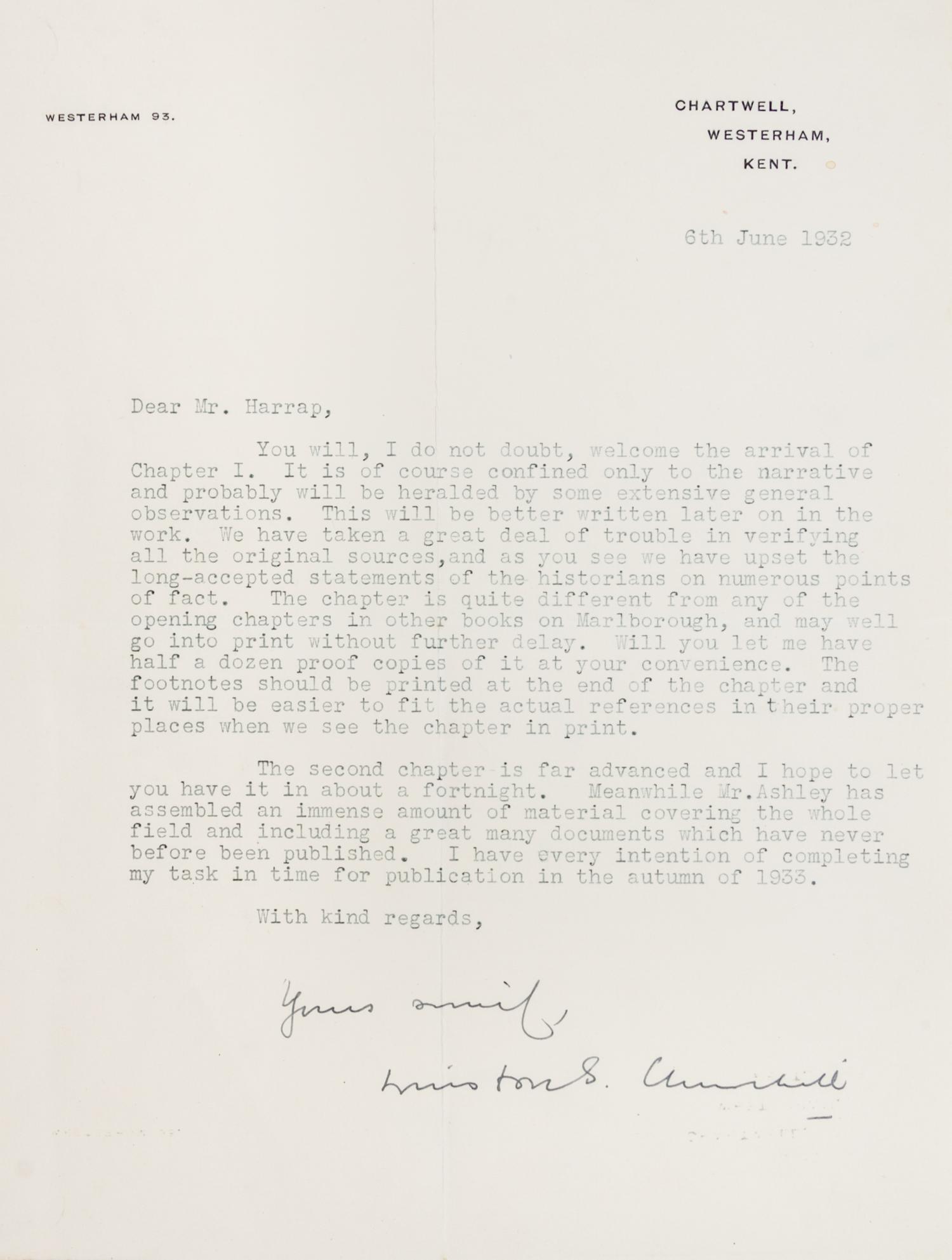 CHURCHILL, WINSTON. Typed letter signed, June 6, 1932. To George Harrap, re: chapt. for biography of Duke of Marlborough.
