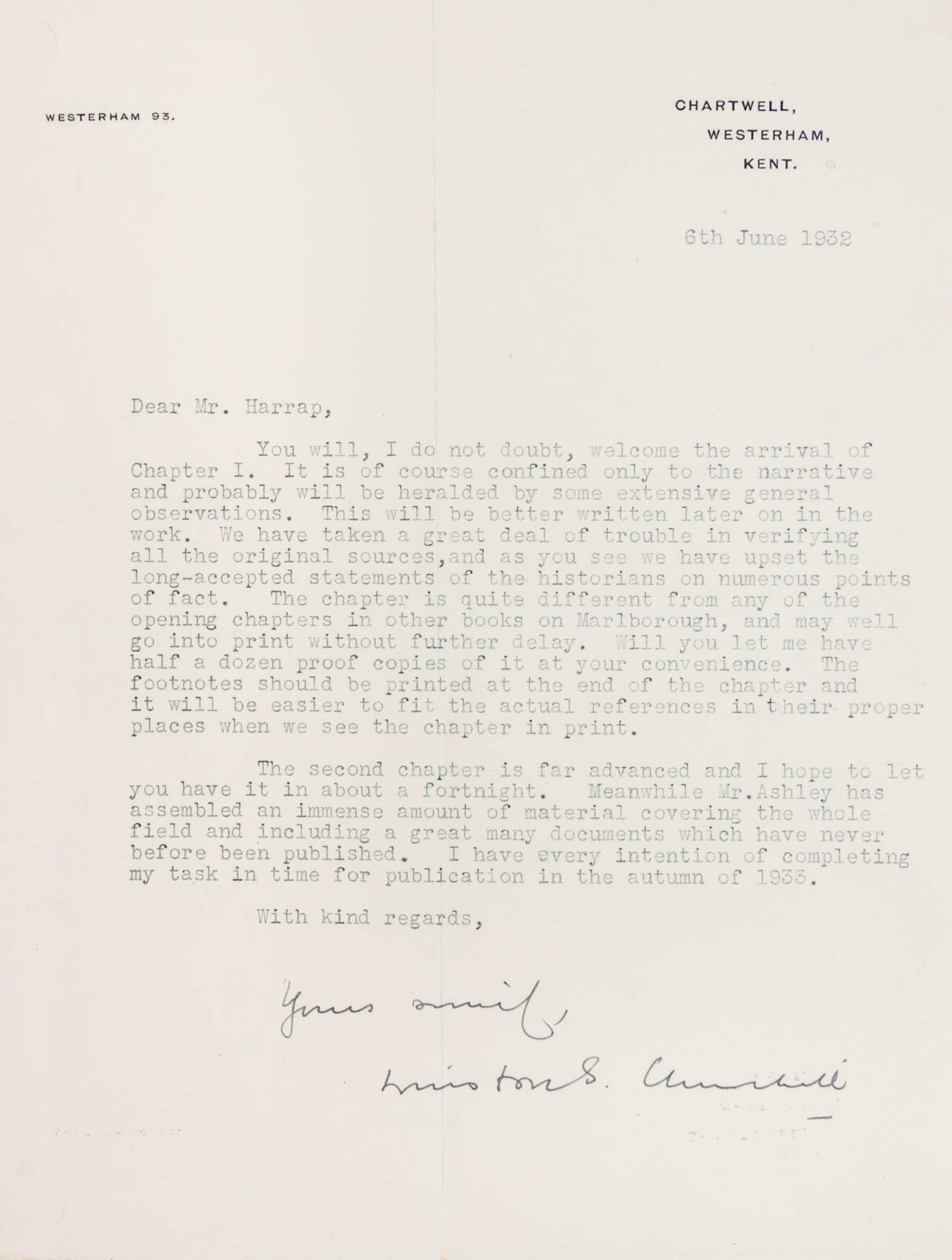 CHURCHILL, WINSTON. Typed letter signed, June 6, 1932. To George Harrap, re: chapt. for biography of Duke of Marlborough.