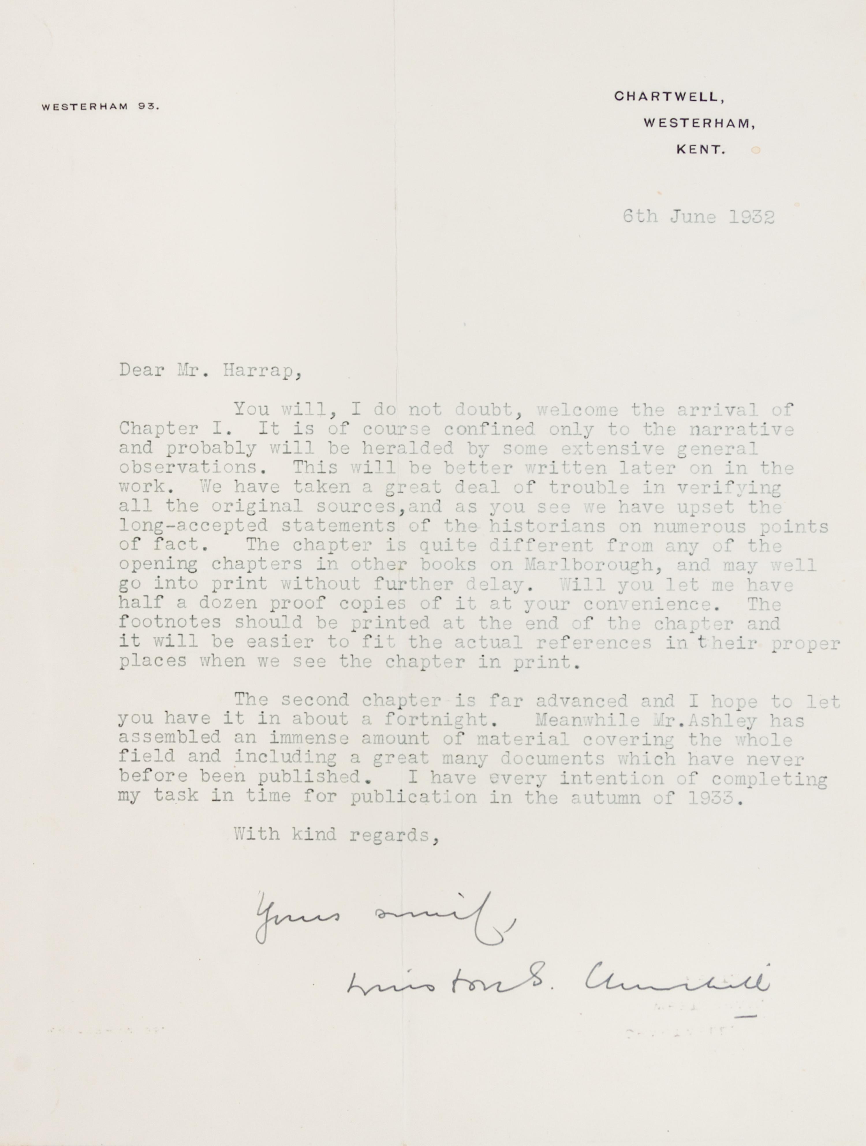 CHURCHILL, WINSTON. Typed letter signed, June 6, 1932. To George Harrap, re: chapt. for biography of Duke of Marlborough.