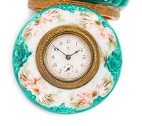 A Wavecrest Glass and Gilt Metal Footed Jewel Box with Clock