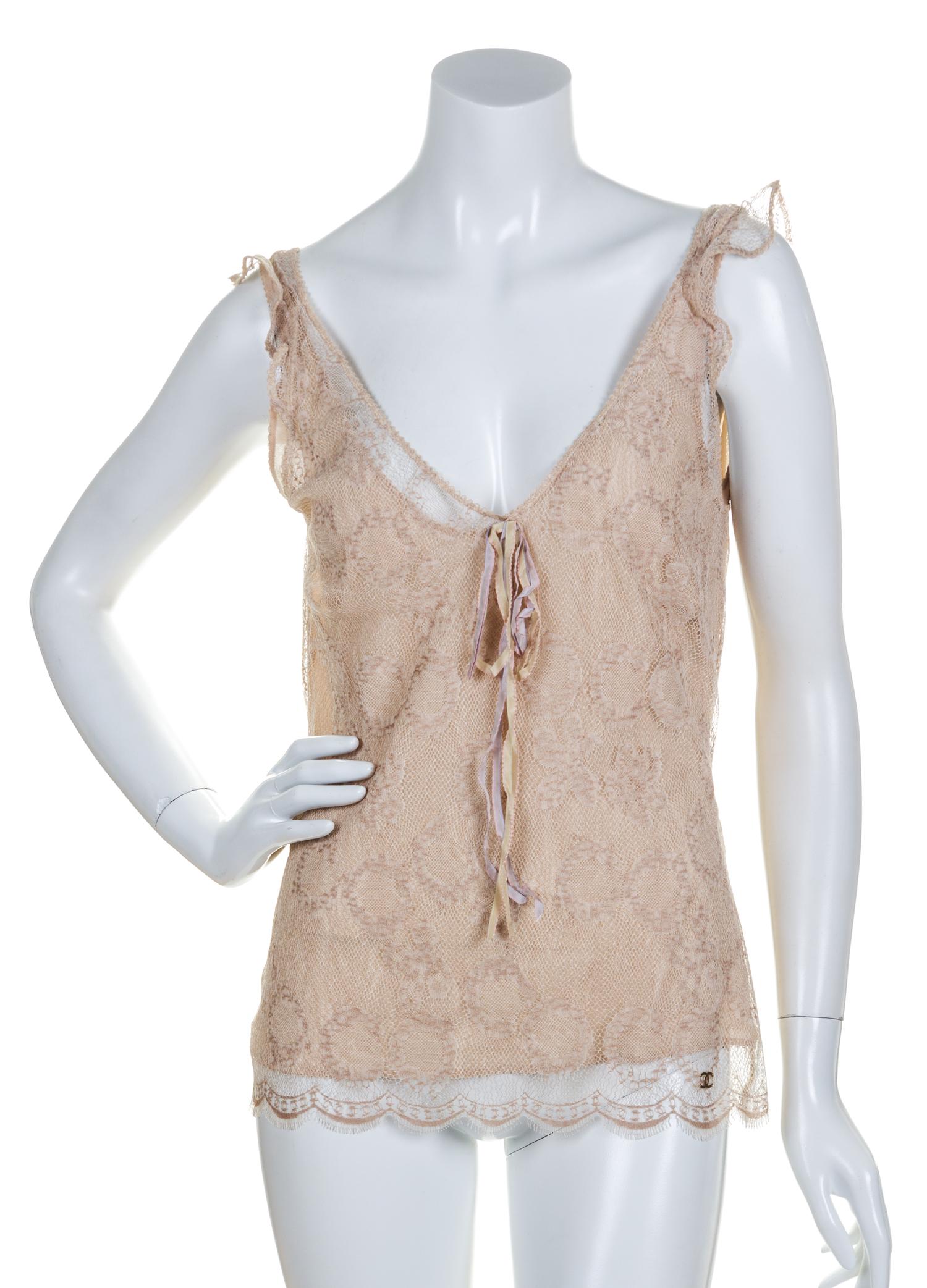 A Chanel Beige Lace Camisole Top, Size 42.