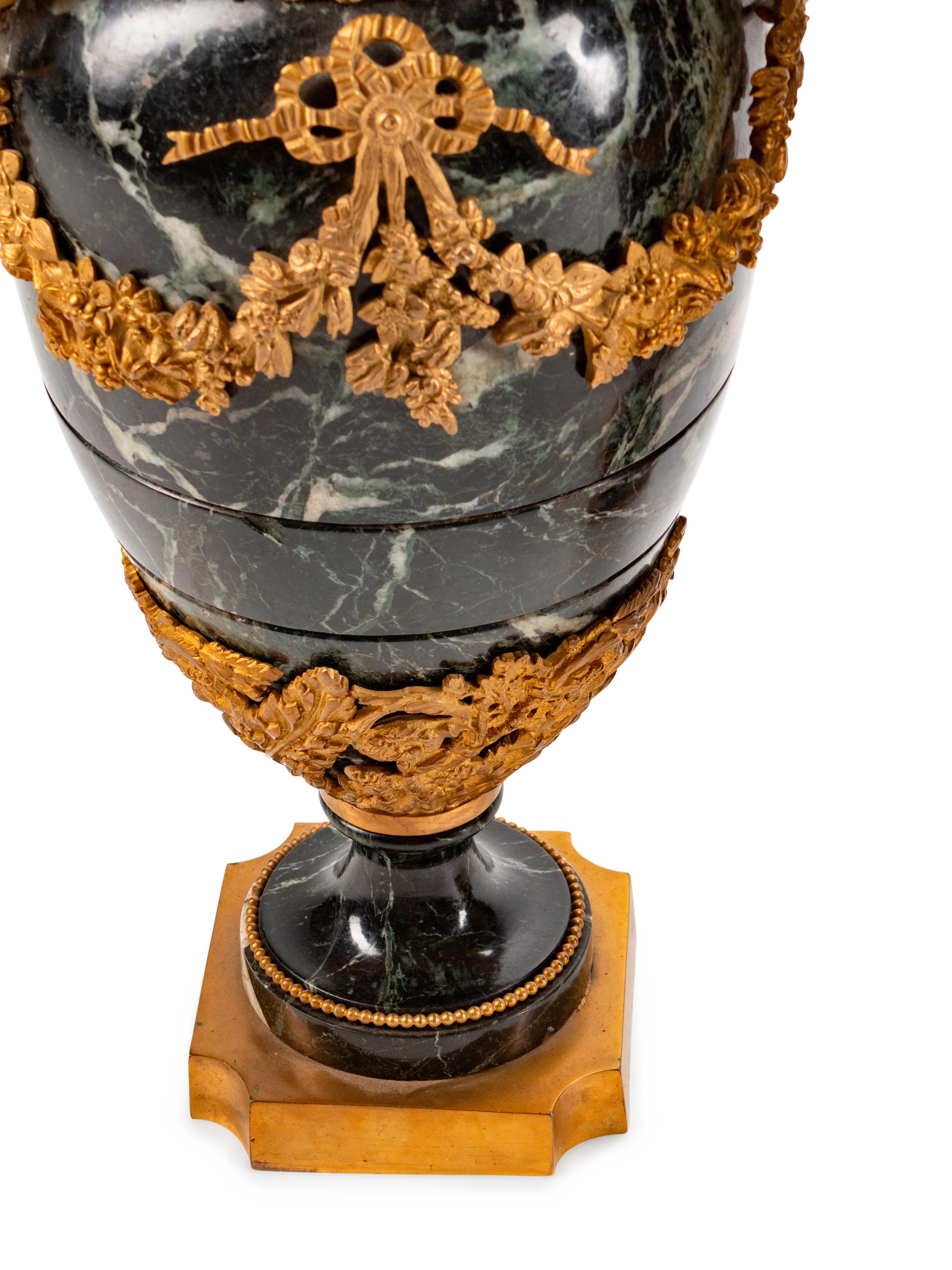 Pair of Louis XVI Style Gilt-Bronze-Mounted Green Marble Urns — 19TH CENTURY